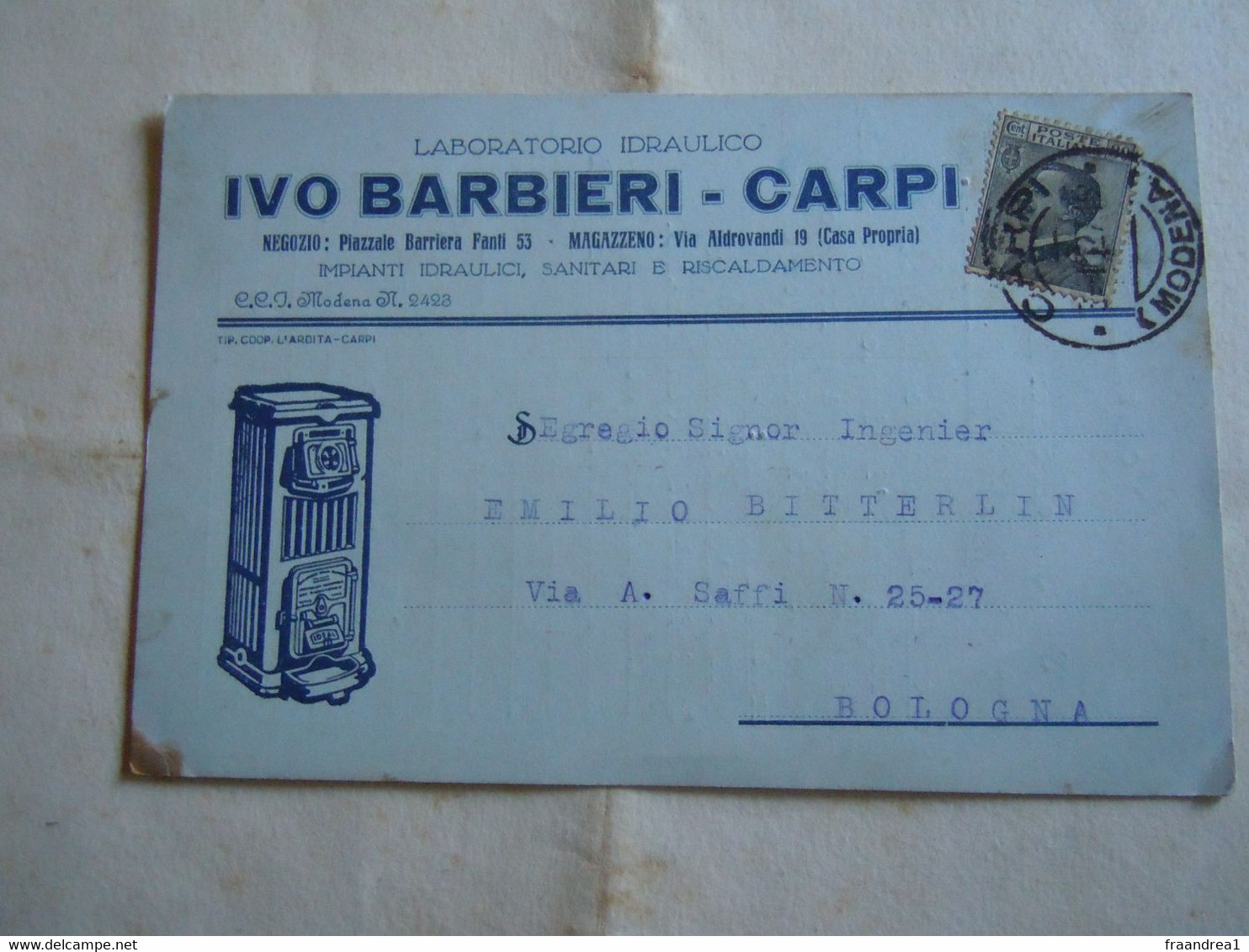 C.P.A. \P.C \.Ak PUBBLICITARIO IVO BARBIERI CARPI IDRAULICO STUFE - Carpi