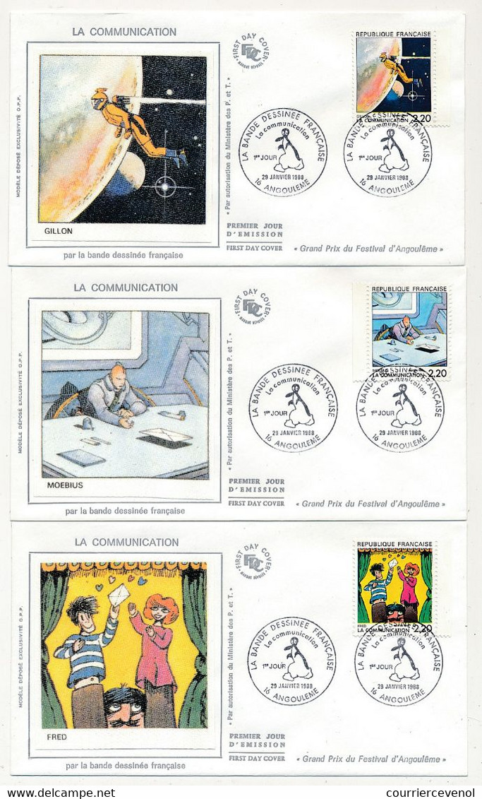 FRANCE - 12 Env FDC Soie  - La Bande Dessinée Française / La Communication - Angoulème - 28 Janvier 1988 - 1980-1989