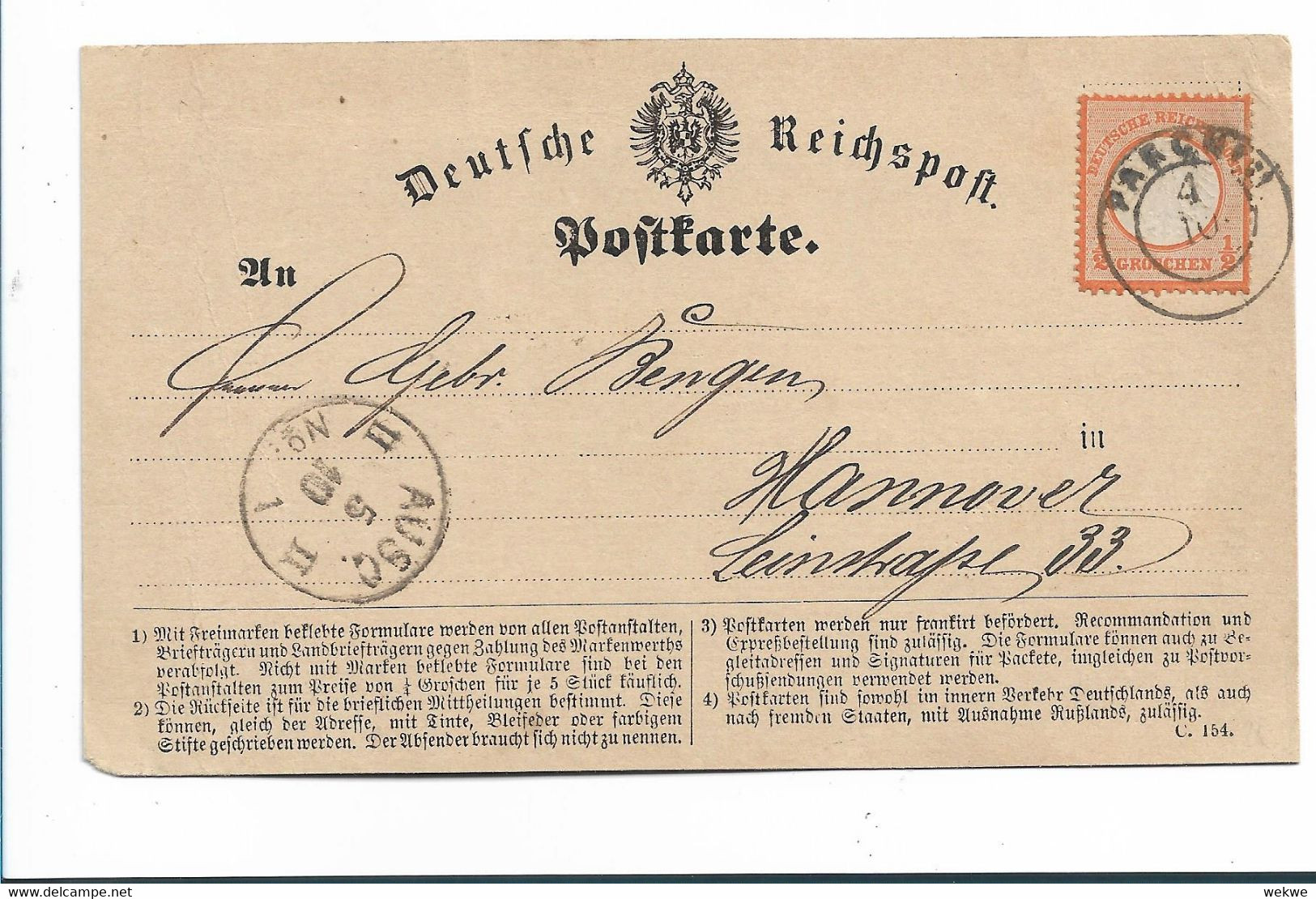 Brs371 / DEUTSCHES REICH -  Mi.Nr. 14, Parching-Hannover 1872  Auf Reichspostkarte - Covers & Documents