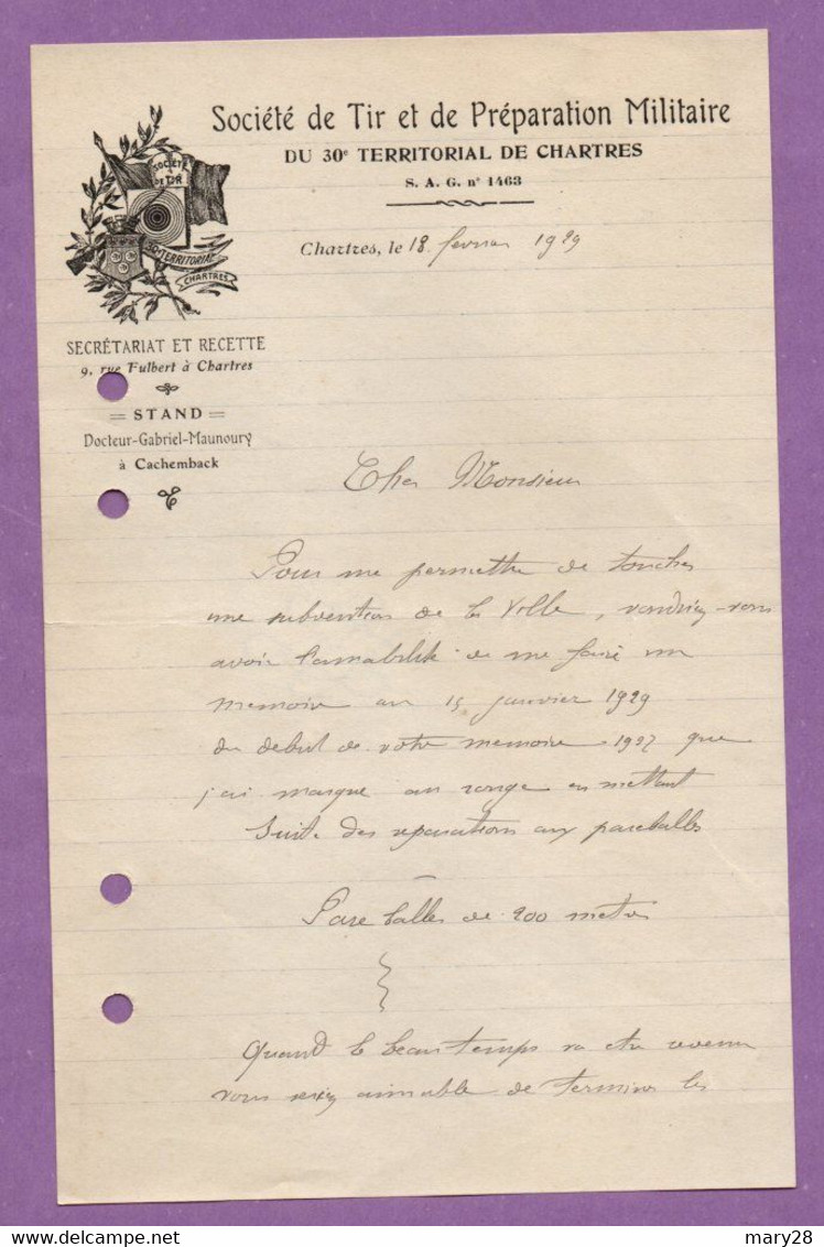 Courrier 18.02.1929  Societe De Tir Et De Preparation Militaire à Chartres  - A Prendre En L Etat Perforée - - 1900 – 1949