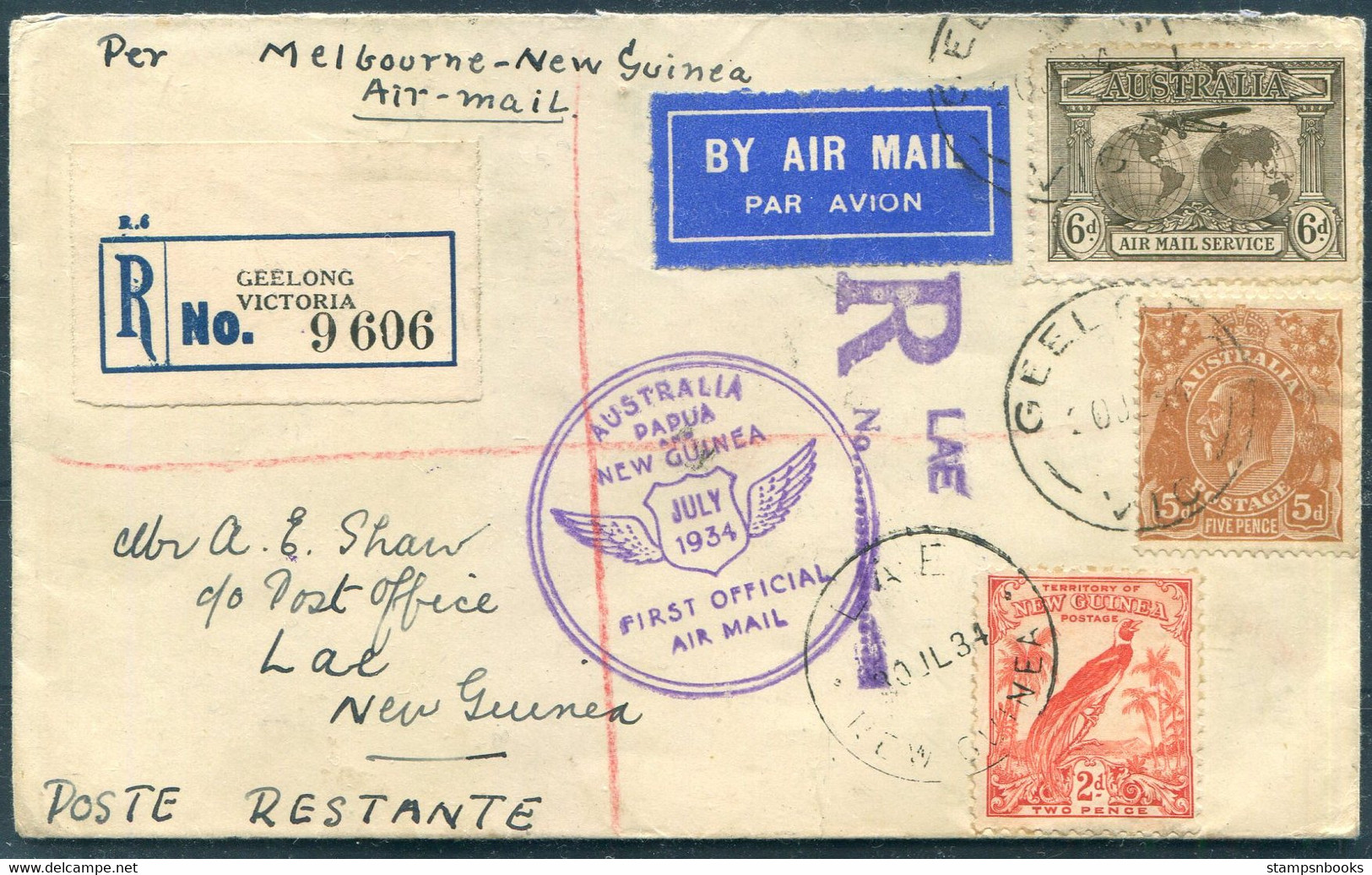 1934 Australia / New Guinea "Faith In Australia" First Flight Cover Registered Geelong / Melbourne - Lae + Return Sydney - Premiers Vols