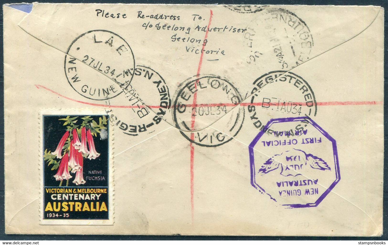 1934 Australia / New Guinea "Faith In Australia" First Flight Cover Registered Geelong / Melbourne - Lae + Return Sydney - Erst- U. Sonderflugbriefe