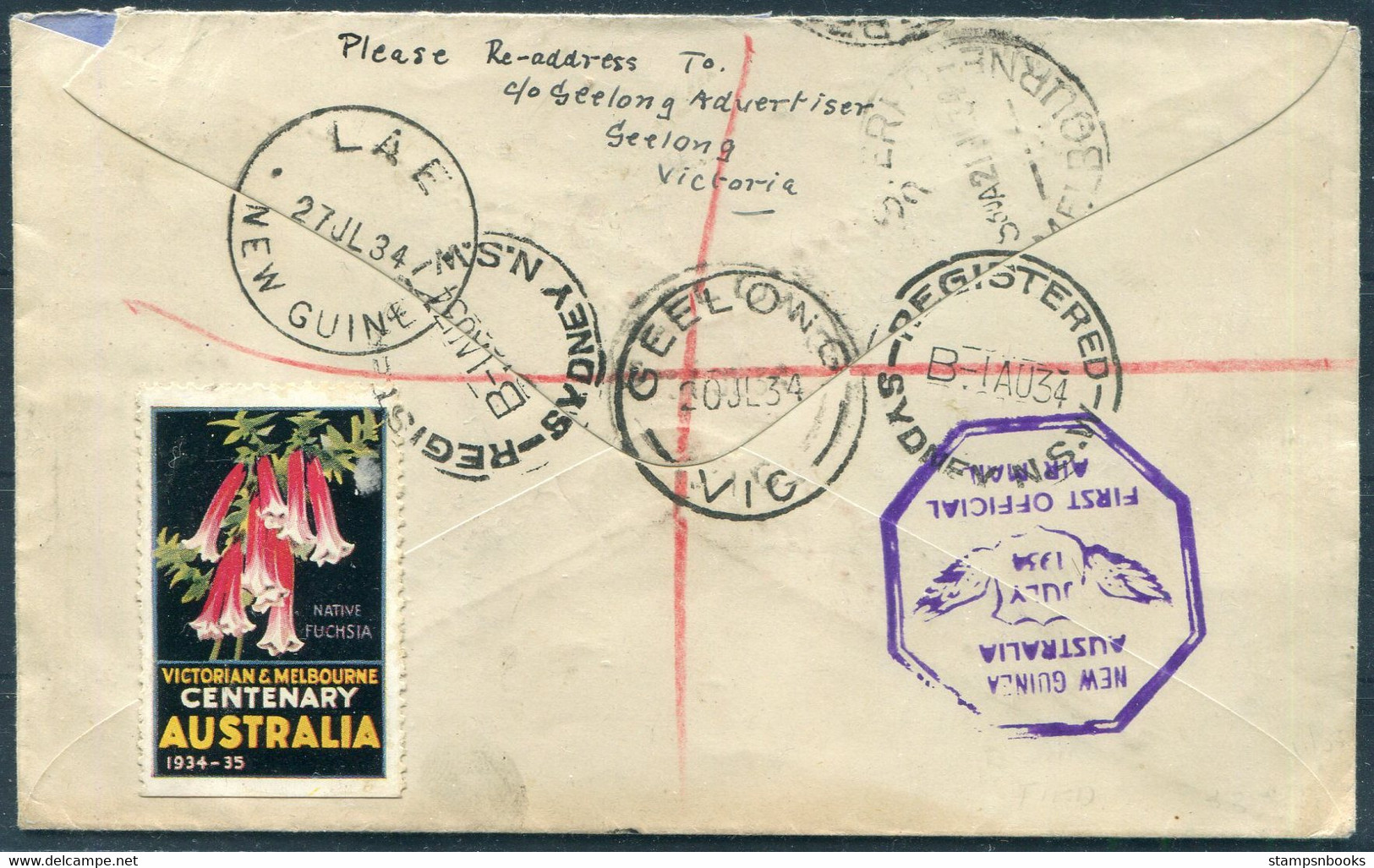 1934 Australia / New Guinea "Faith In Australia" First Flight Cover Registered Geelong / Melbourne - Lae + Return Sydney - First Flight Covers