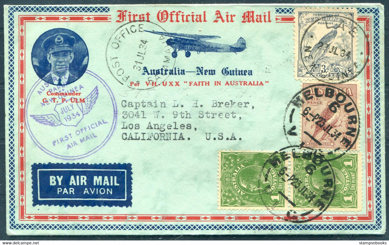 1934 Australia / New Guinea "Faith In Australia" First Flight Cover Melbourne / Lae / Salamaua - First Flight Covers