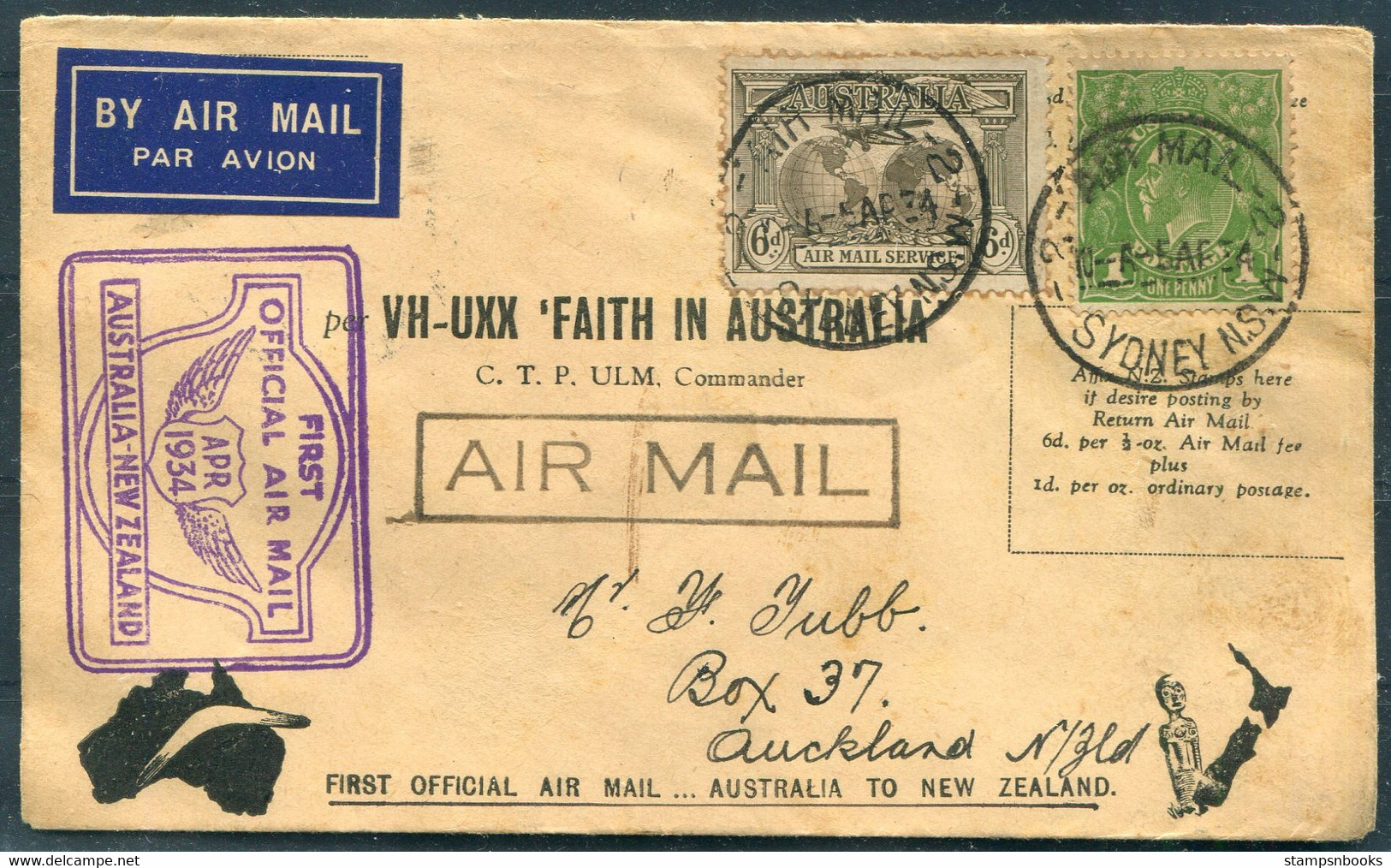 1934 (April) Australia / New Zealand "Faith In Australia" First Flight Cover Sydney - Auckland - Primi Voli