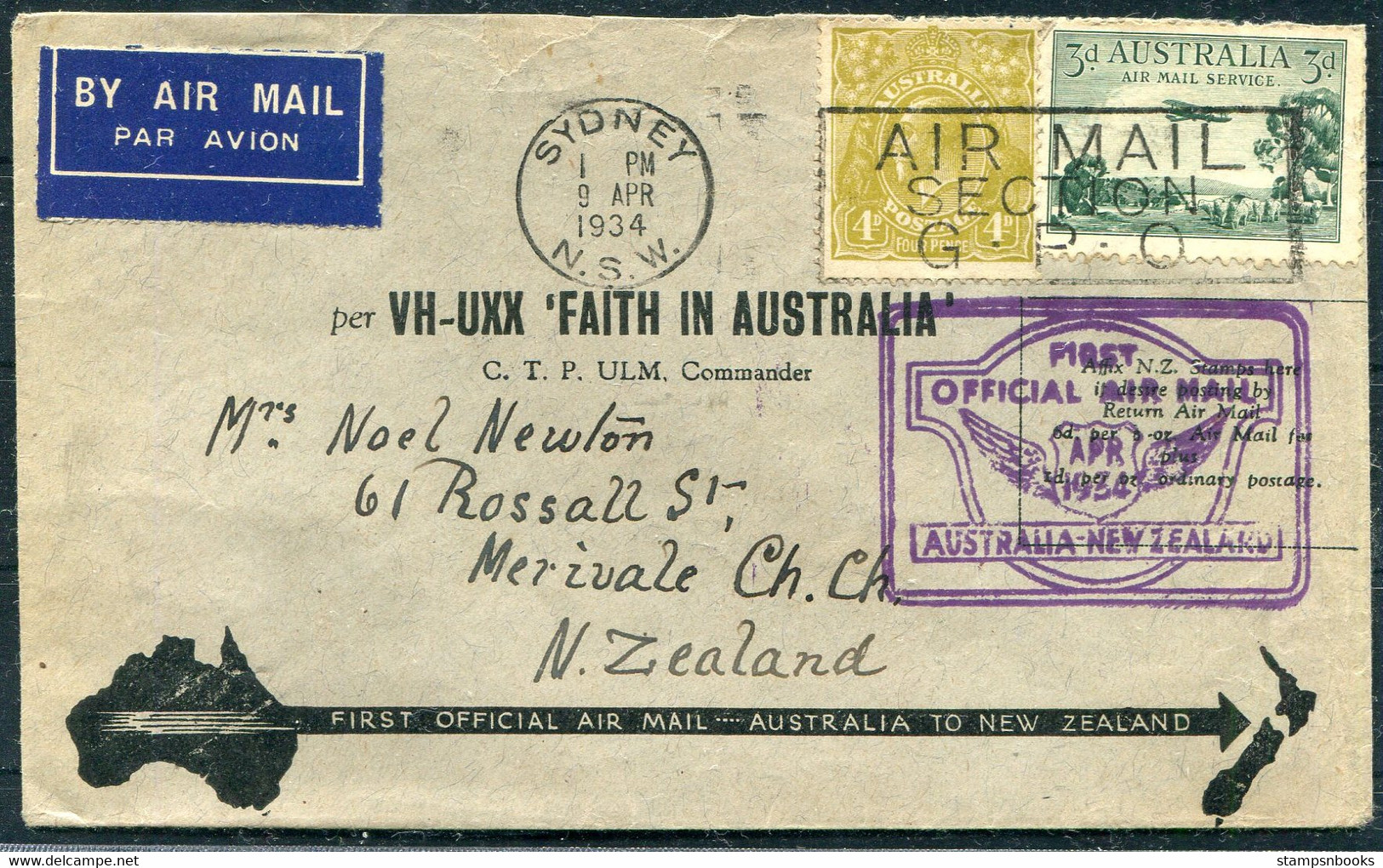 1934 (April) Australia / New Zealand "Faith In Australia" First Flight Cover Sydney - Christchurch - Erst- U. Sonderflugbriefe