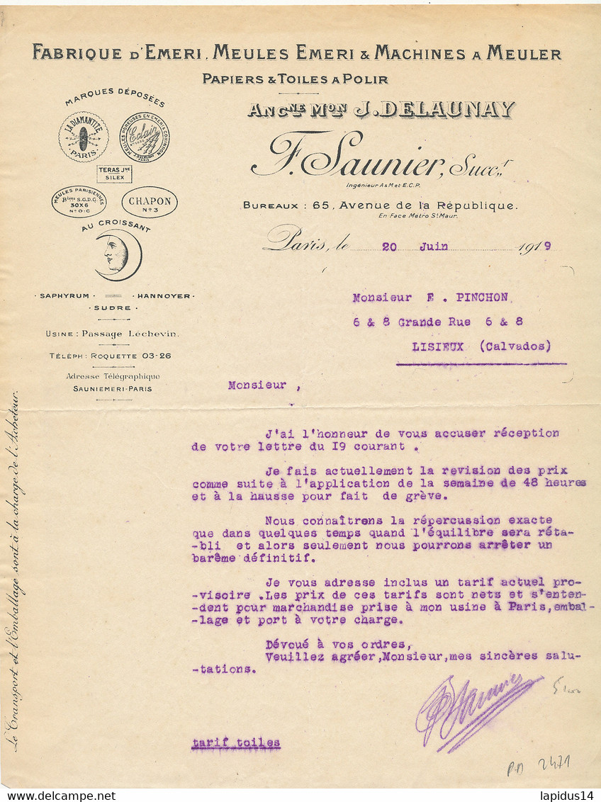 FA 2471  - FACTURE   FABRIQUE D'EMERI  MEULES EMERI & MACHINES A MEULER  F. SAUNIER  PARIS - Droguerie & Parfumerie