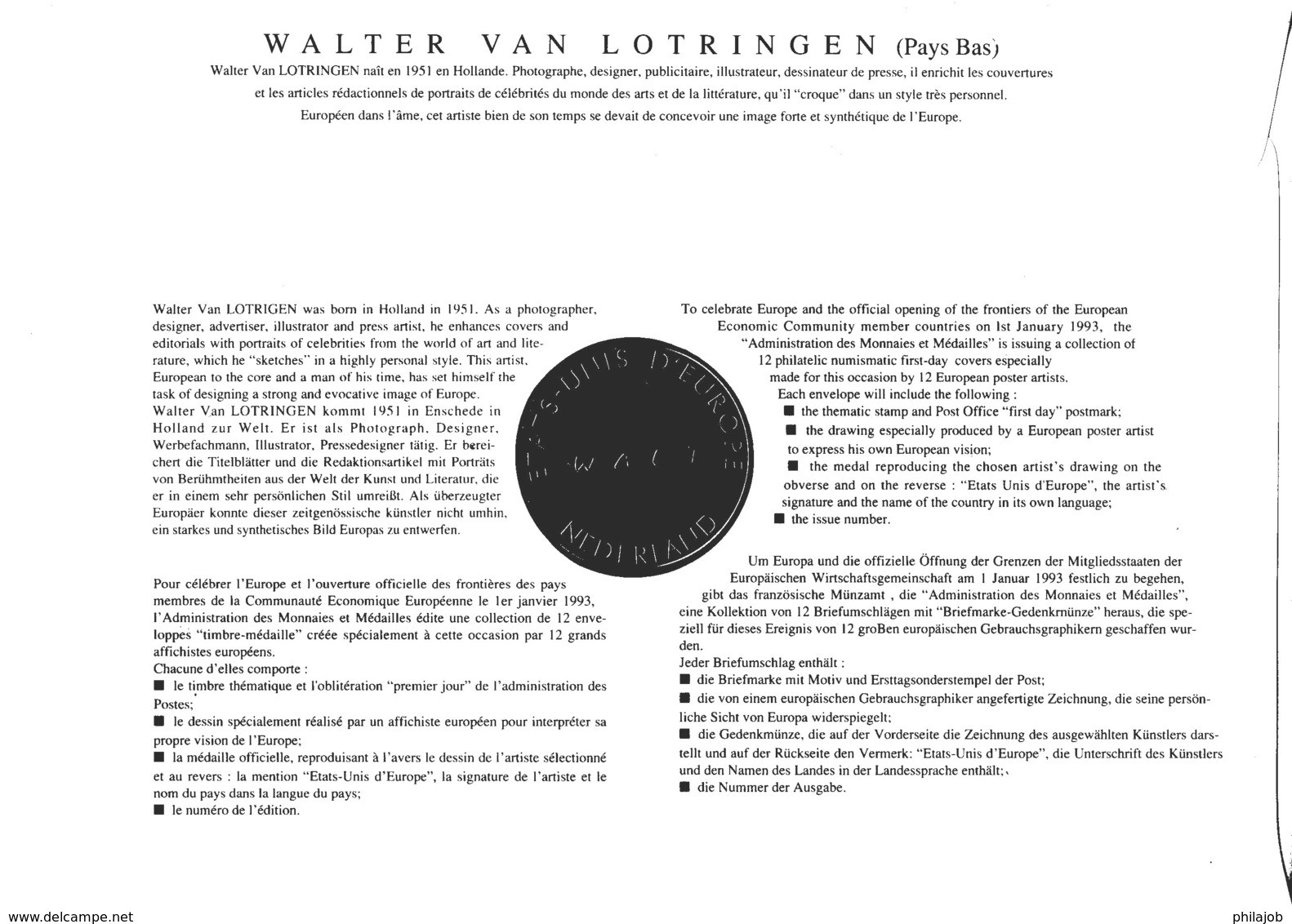 &#9989; 1991 " EUROPA : W VAN LOTRINGEN / PAYS-BAS ETOILES " Sur Enveloppe Philatélique Numismatique 1er Jour N°tée EPN - Verzamelingen