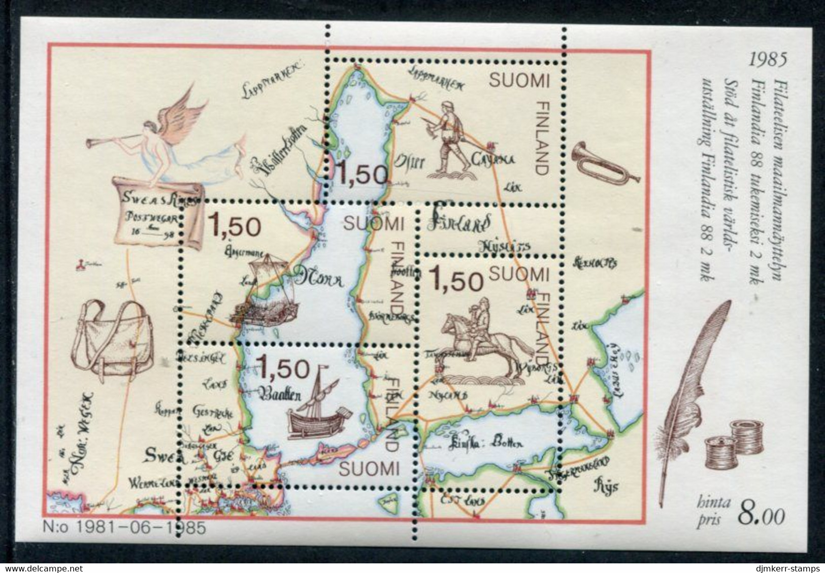 FINLAND 1985 FINLANDIA '88: Postal Delivery In The 17th Century Block MNH / **.  Michel Block 1 - Unused Stamps