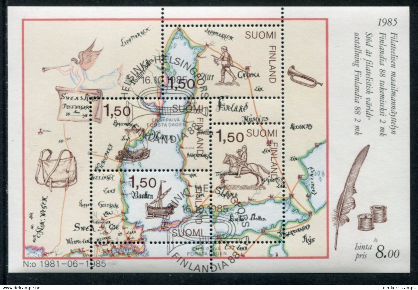 FINLAND 1985 FINLANDIA '88: Postal Delivery In The 17th Century Block Used.  Michel Block 1 - Gebraucht