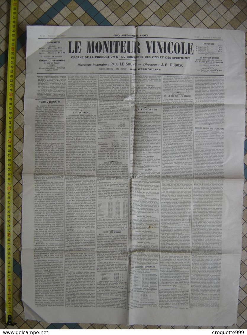 Vend 3 Mars 1911 LE MONITEUR VINICOLE Vins Et Spiritueux Paris 56 Eme Année N°17 - Otros & Sin Clasificación