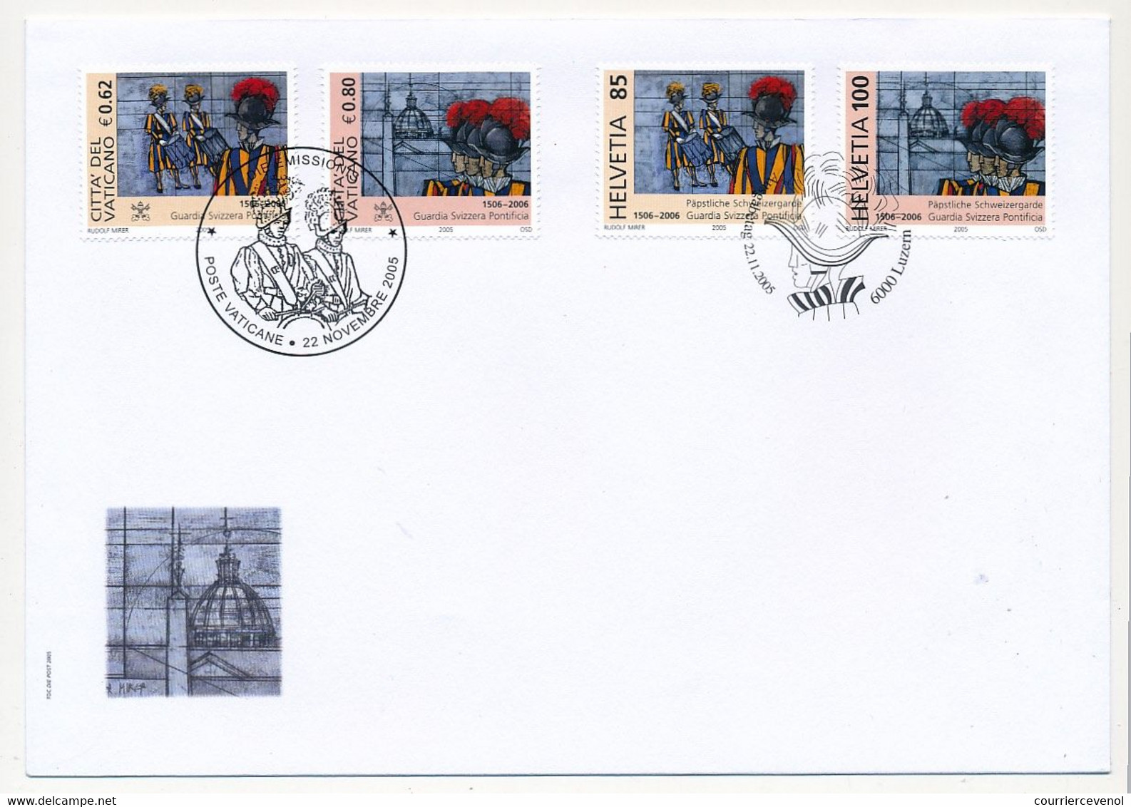 SUISSE / VATICAN - Emission Commune 2005 - Ensemble de 8 documents Cartes Maximum, enveloppes FDC