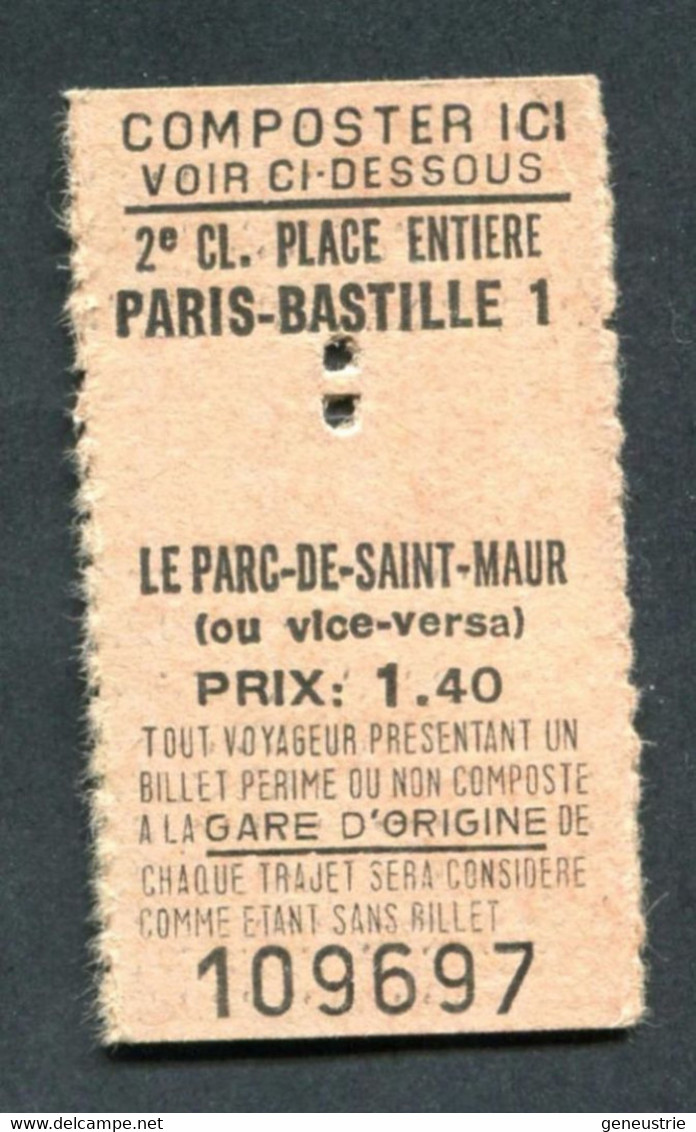 Ticket De Train 2ème Cl - Années 60 - Paris-Bastille -> Parc De Saint Maur - SNCF - Europe