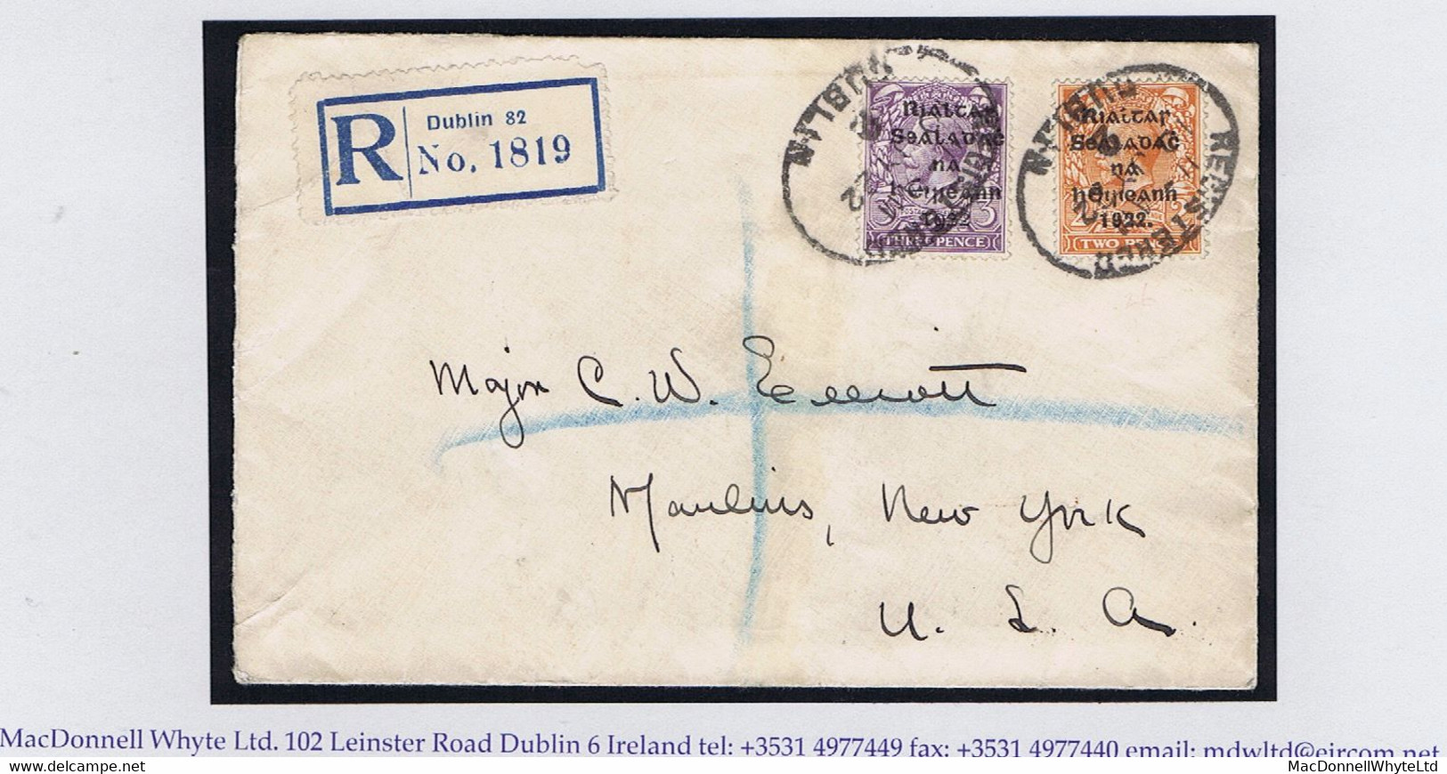 Ireland 1922 Dollard Rialtas 3d With Thom Rialtas 2d On Registered Cover Dublin To New York REGISTERED DUBLIN 10 JY 22 - Cartas & Documentos