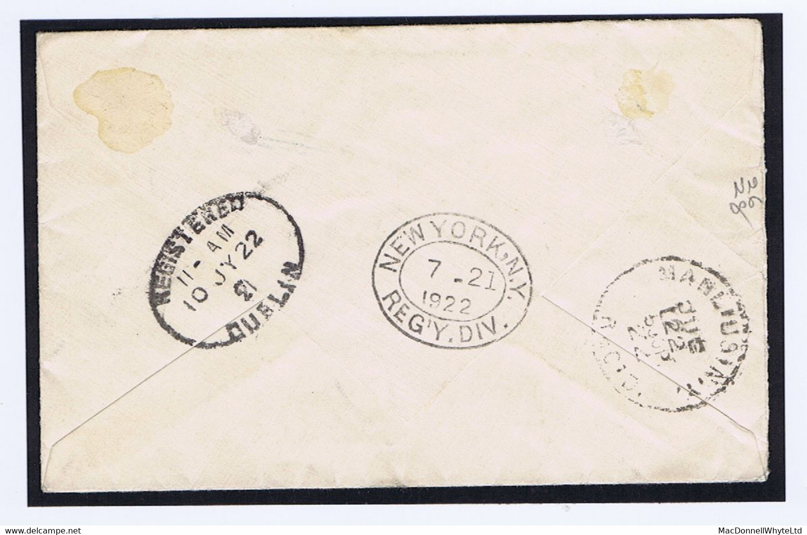 Ireland 1922 Dollard Rialtas 3d With Thom Rialtas 2d On Registered Cover Dublin To New York REGISTERED DUBLIN 10 JY 22 - Cartas & Documentos