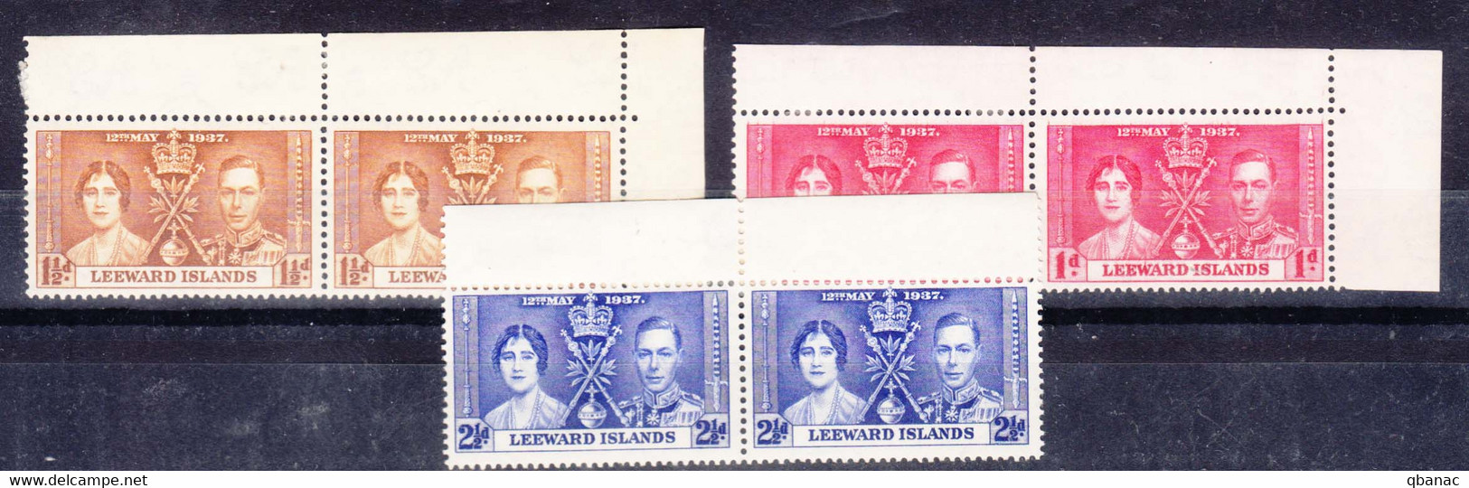 British Leeward Island, Coronation Issue 1937 Mi#84-86 Mint Never Hinged Pairs - Leeward  Islands