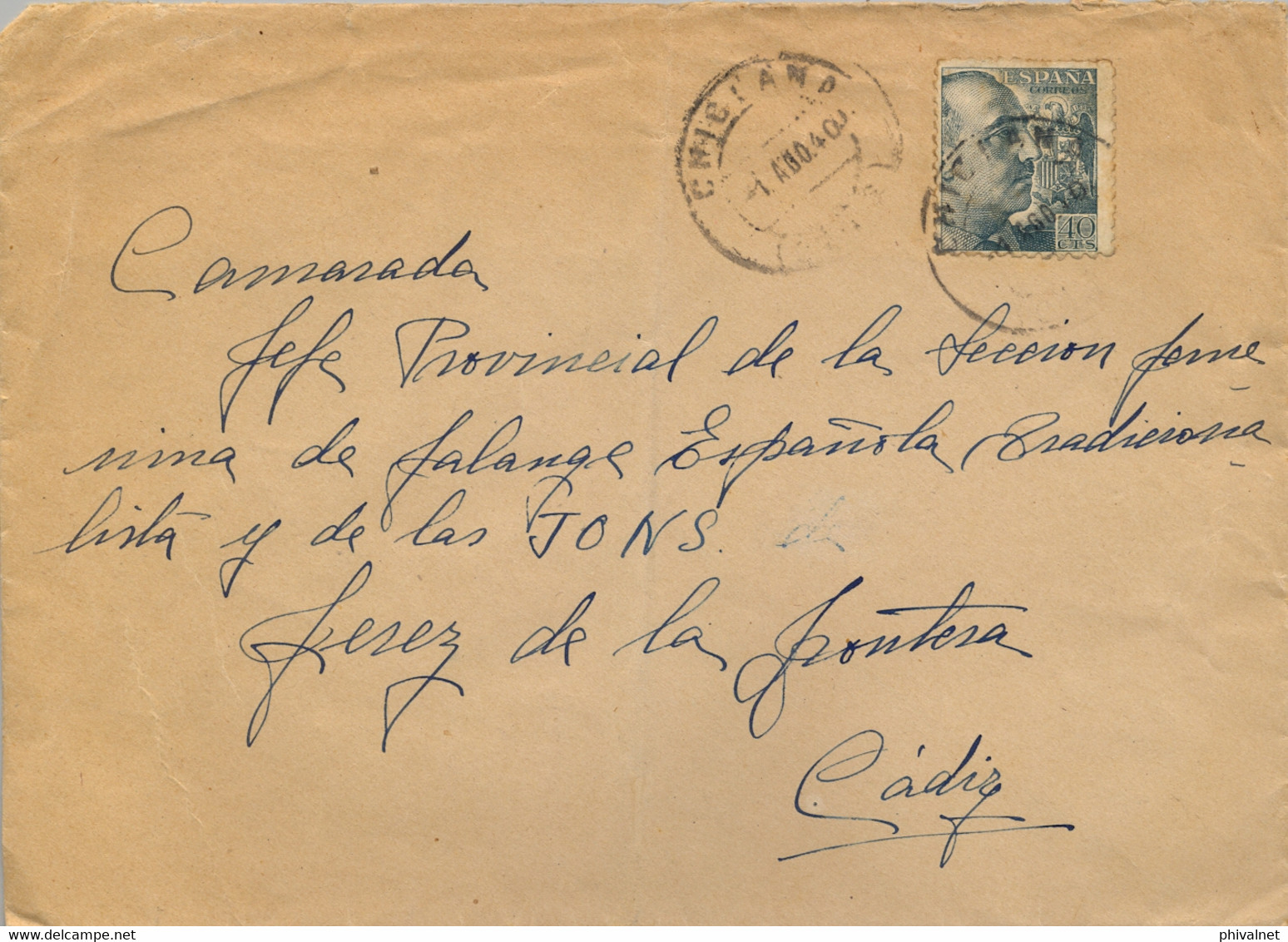 1940 , CÁDIZ    , SOBRE CIRCULADO ENTRE CHICLANA DE LA FRONTERA Y JEREZ ,FALANGE , ORGANIZACIONES JUVENILES FEMENINAS - Covers & Documents