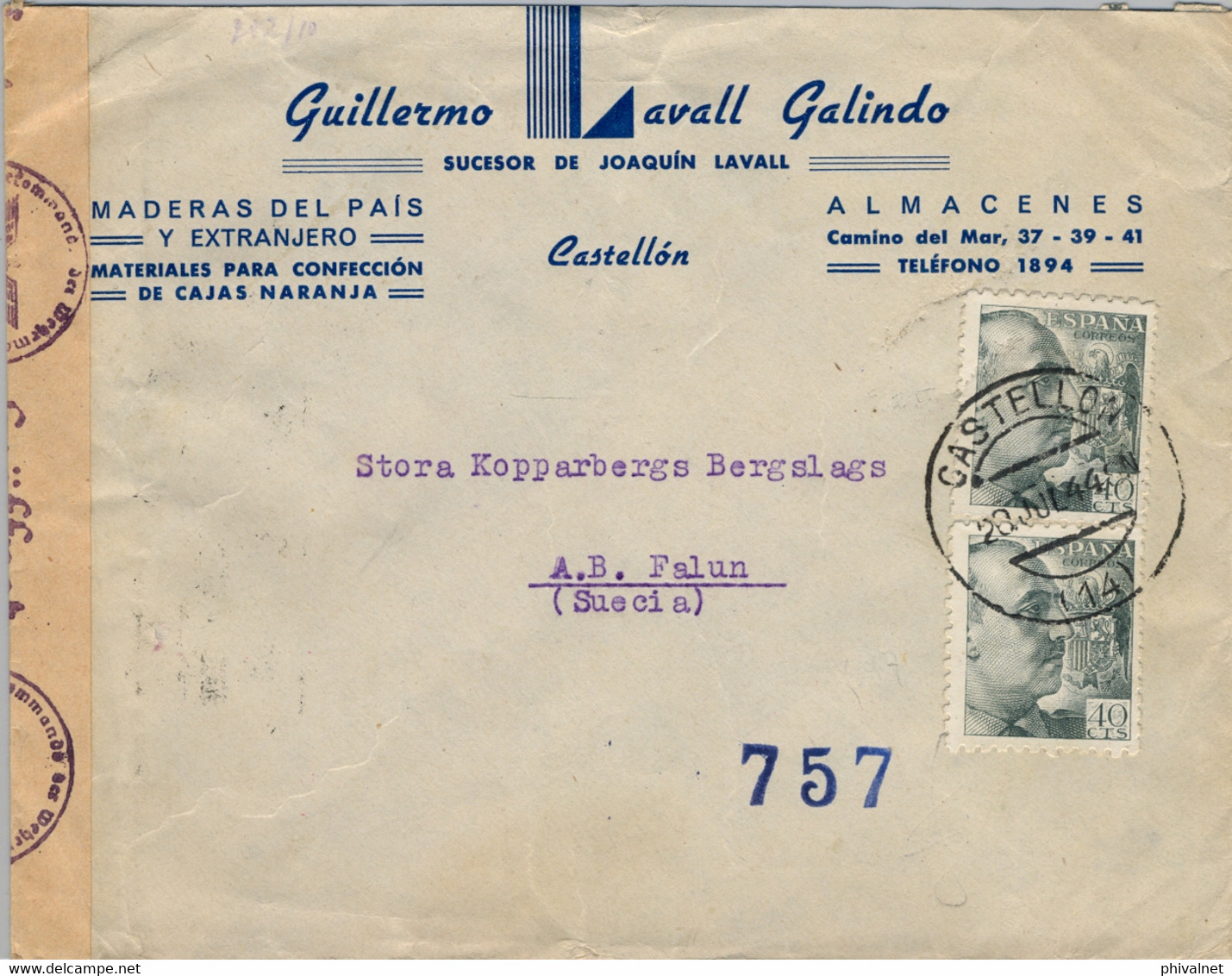 1944 , CASTELLÓN    , SOBRE CIRCULADO A SUECIA , CENSURAS - Briefe U. Dokumente
