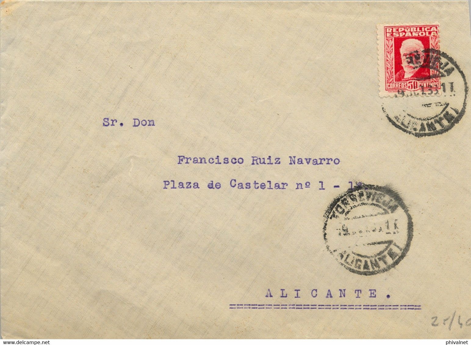 1933 , ALICANTE , SOBRE CIRCULADO ENTRE TORREVIEJA Y ALICANTE , LLEGADA AL DORSO - Lettres & Documents