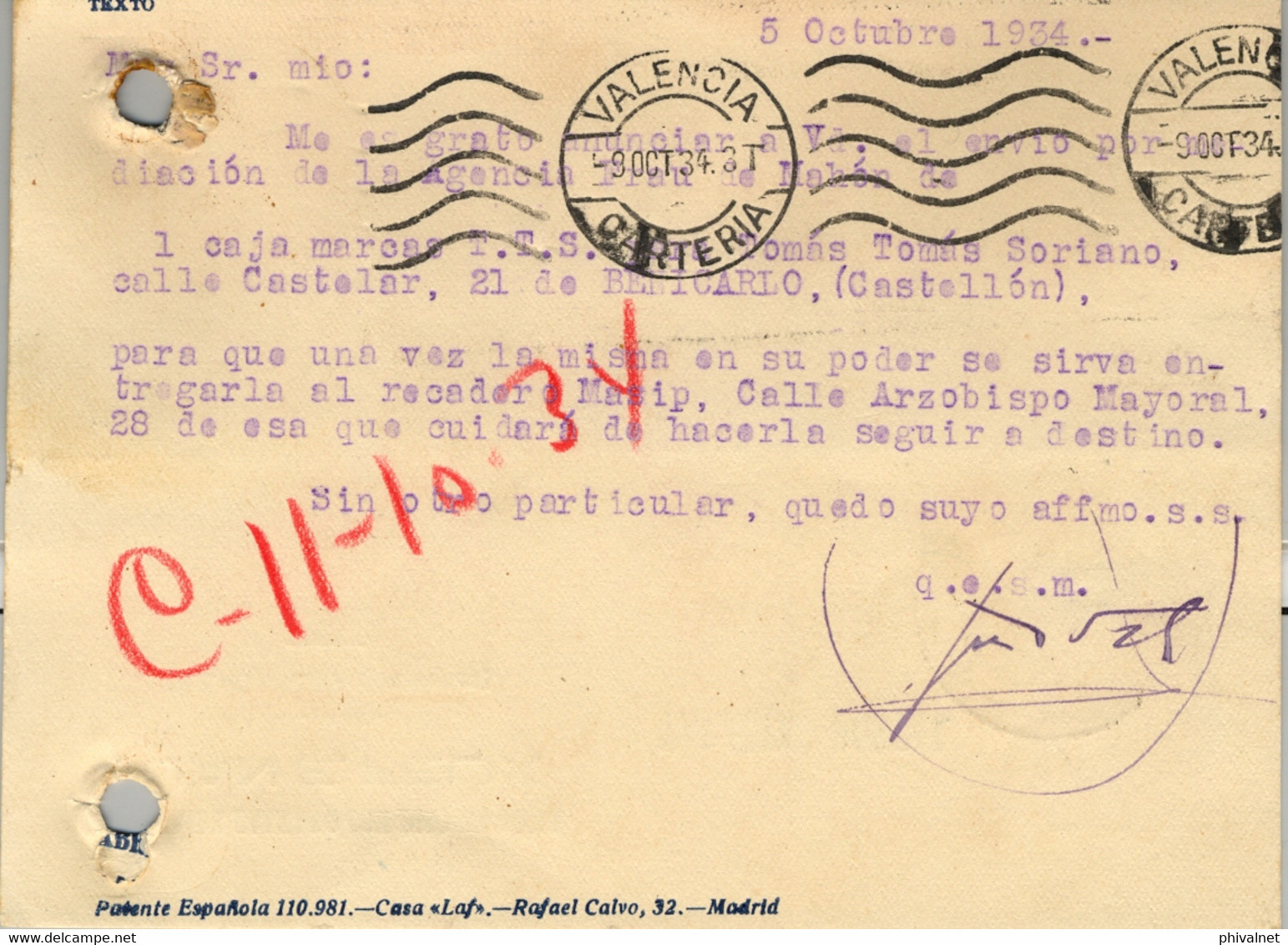 1934 , BALEARES  , TARJETA POSTAL COMERCIAL CIRCULADA ENTRE VILLACARLOS Y VALENCIA , LLEGADA VALENCIA / CARTERIA - Brieven En Documenten