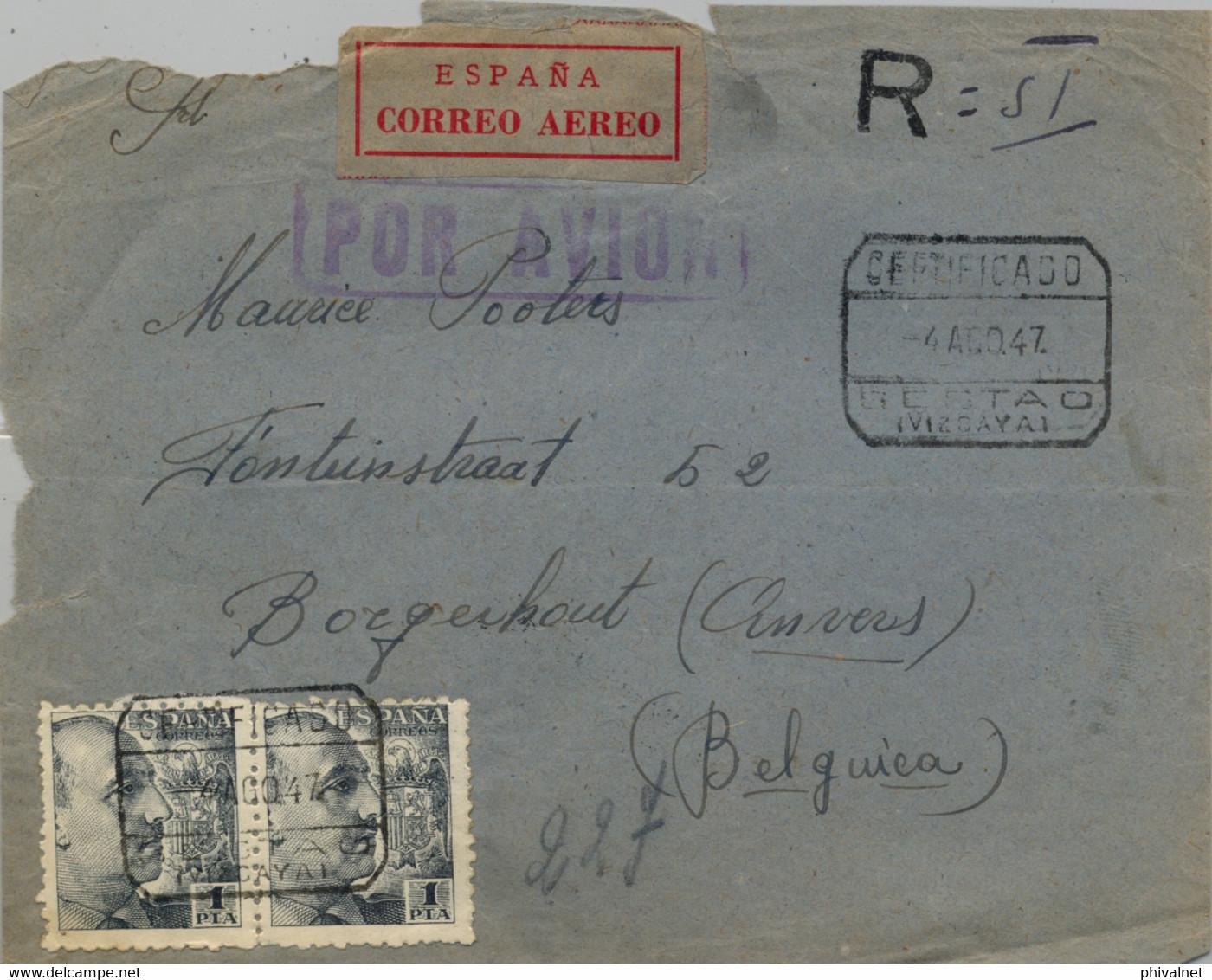 1947 , VIZCAYA , SOBRE CERTIFICADO ENTRE SESTAO Y AMBERES , CORREO AÉREO , TRÁNSITOS DE BILBAO Y MADRID - Storia Postale