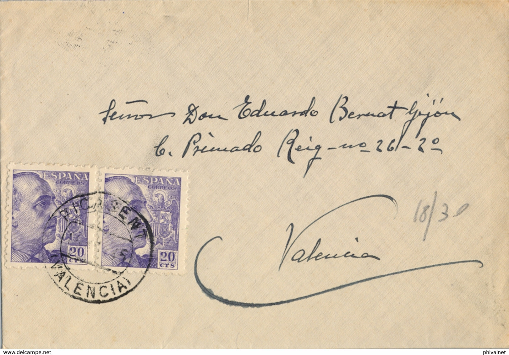 1945 , VALENCIA , SOBRE CIRCULADO DESDE PICASENT , LLEGADA AL DORSO - Lettres & Documents