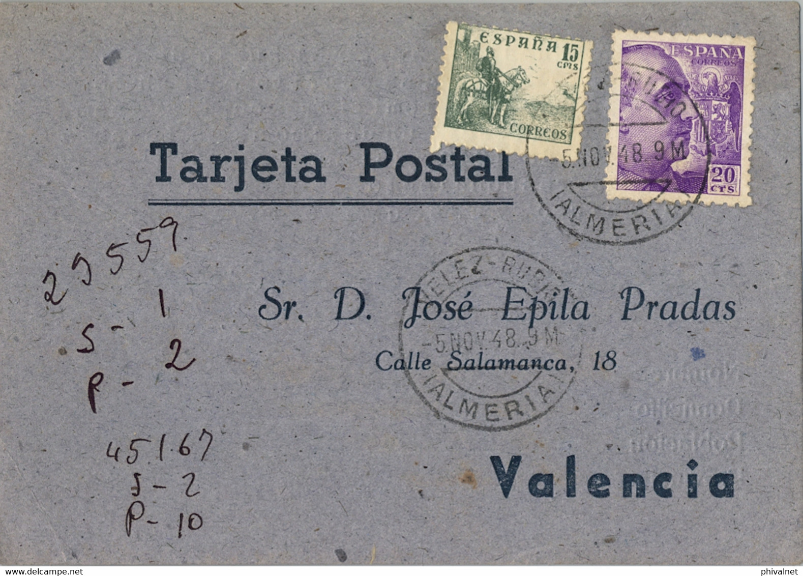 1948 , ALMERIA , TARJETA POSTAL CIRCULADA ENTRE VELEZ RUBIO Y VALENCIA , LLEGADA AL DORSO - Lettres & Documents