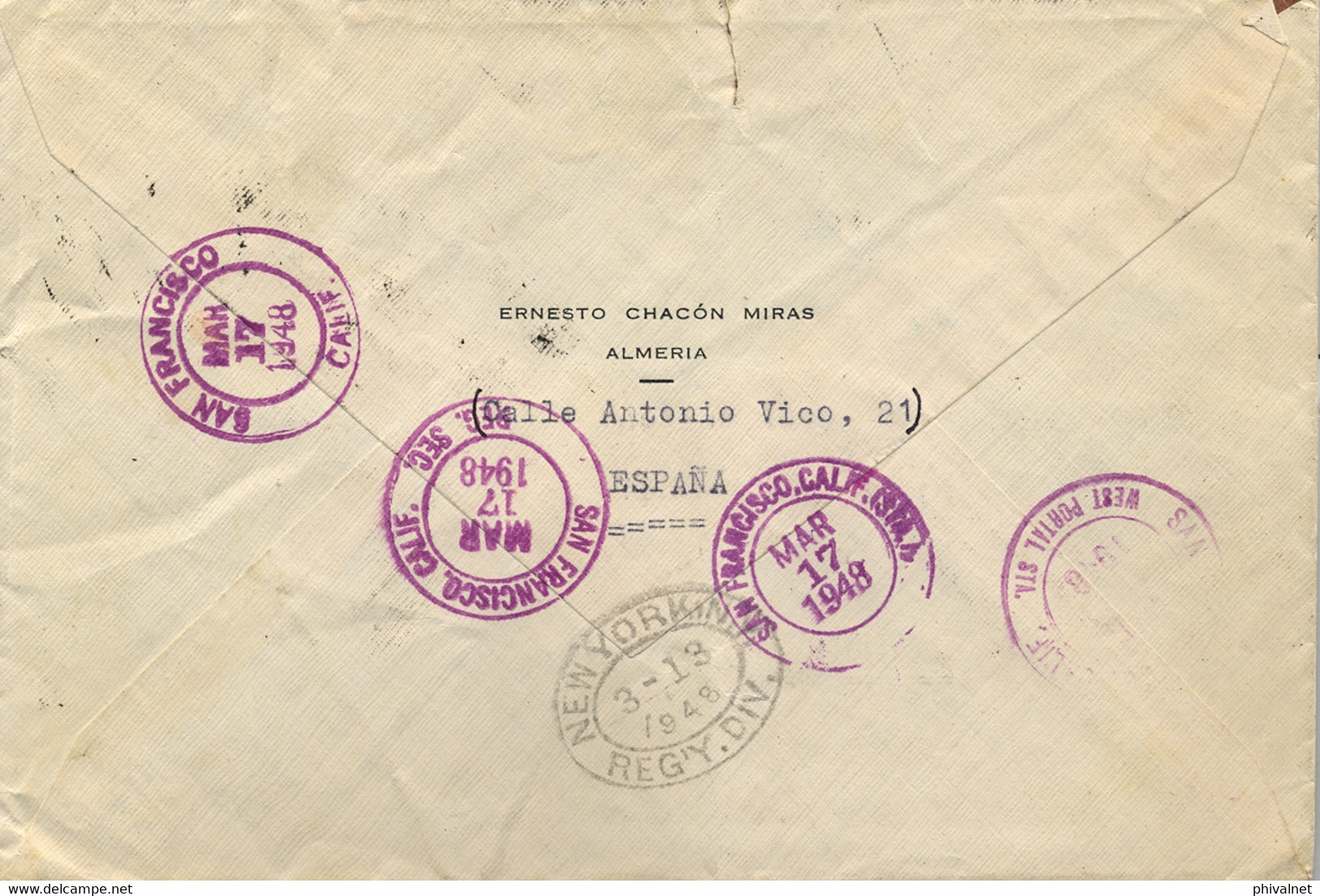 1948 , ALMERIA , CERTIFICADO / VALORES DECLARADOS , A SAN FRANCISCO , TRÁNSITO DE NEW YORK Y LLEGADA - Covers & Documents