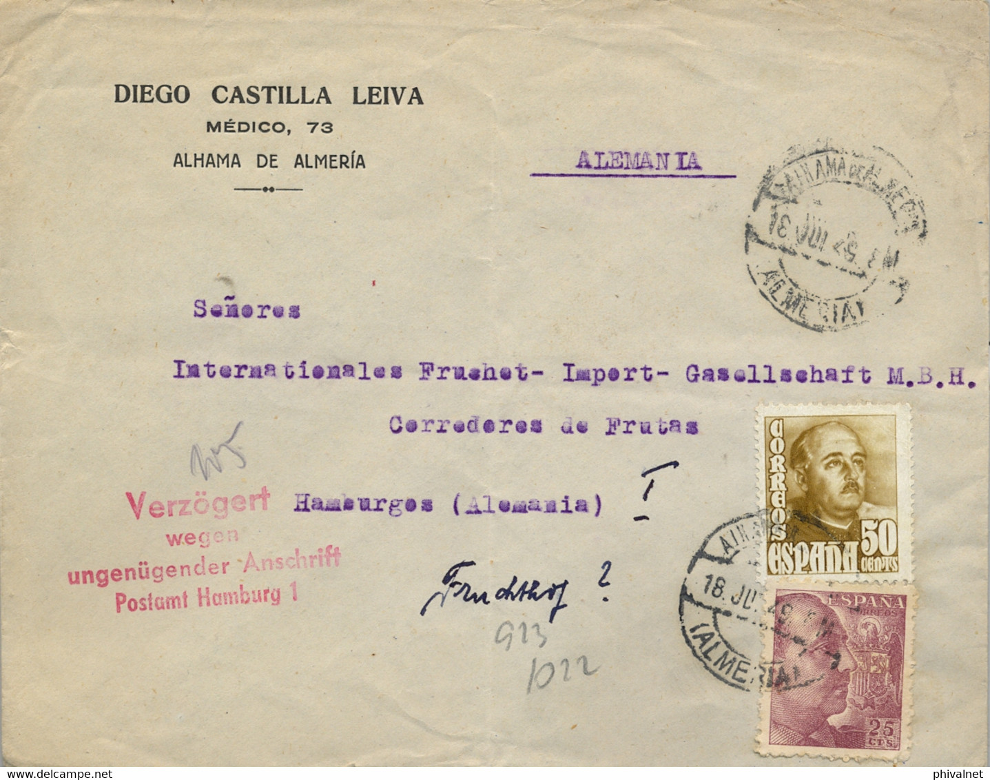 1949 , ALMERIA , SOBRE CIRCULADO ENTRE ALHAMA DE ALMERIA Y HAMBURGO , MARCA DE DIRECCIÓN INSUFICIENTE - Covers & Documents