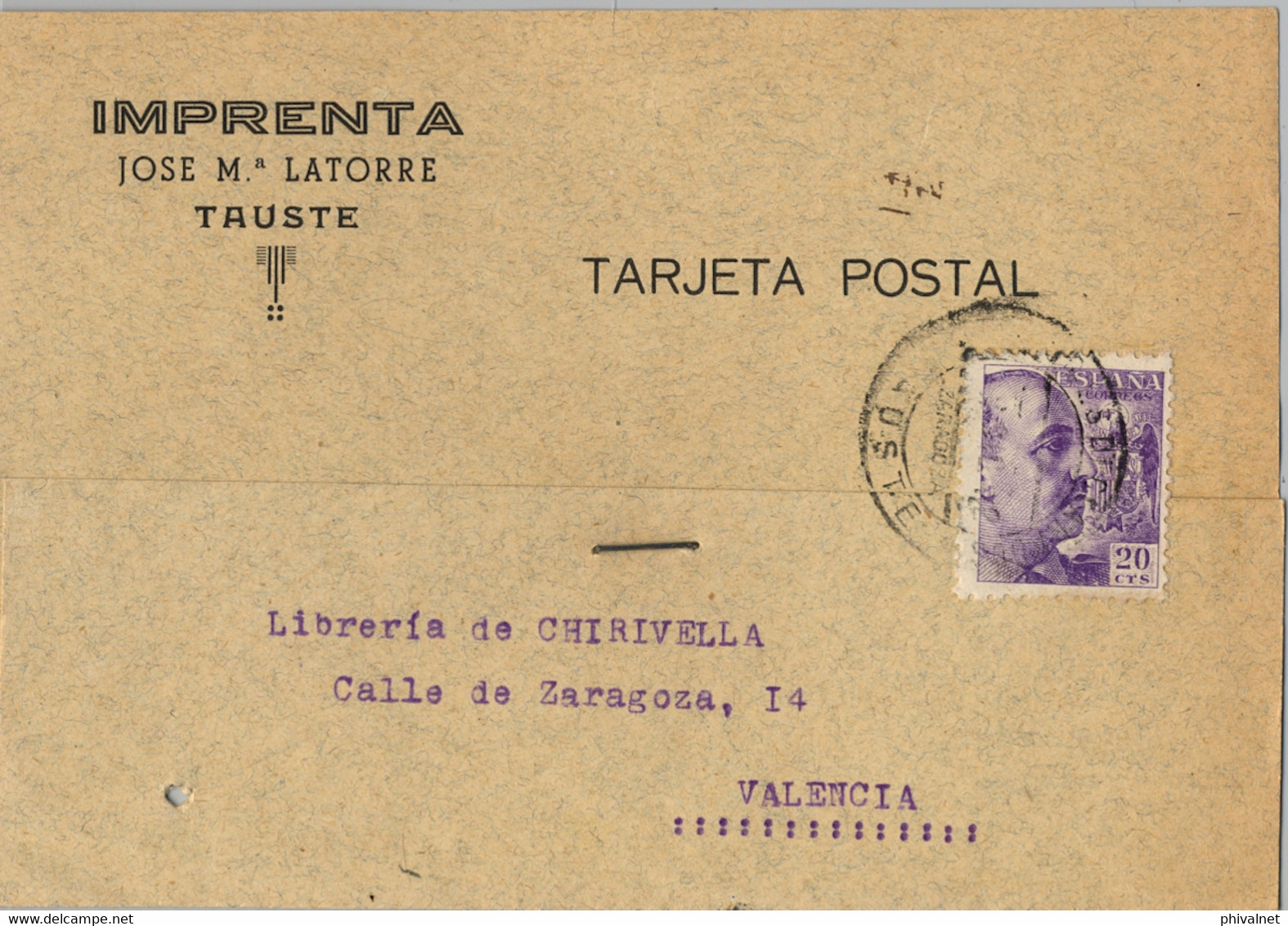 1942 , ZARAGOZA , TARJETA POSTAL CIRCULADA ENTRE TAUSTE Y VALENCIA - Brieven En Documenten