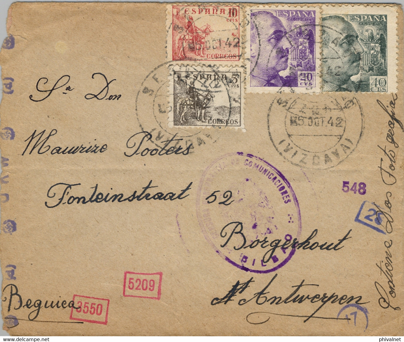 1942 , VIZCAYA , SOBRE CIRCULADO ENTRE SESTAO Y AMBERES , TRÁNSITO DE BILBAO , CENSURAS - Storia Postale