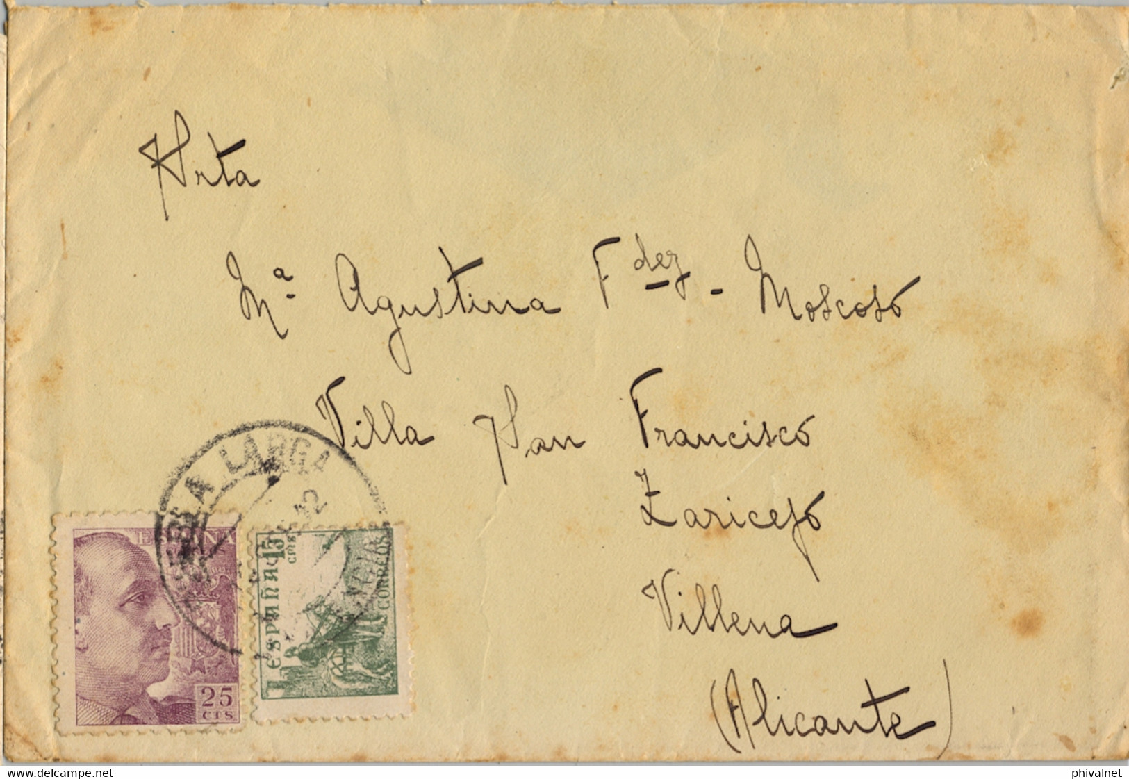 1942 , VALENCIA , SOBRE CIRCULADO ENTRE PUEBLA LARGA Y VILLENA ( ALICANTE ) - Briefe U. Dokumente