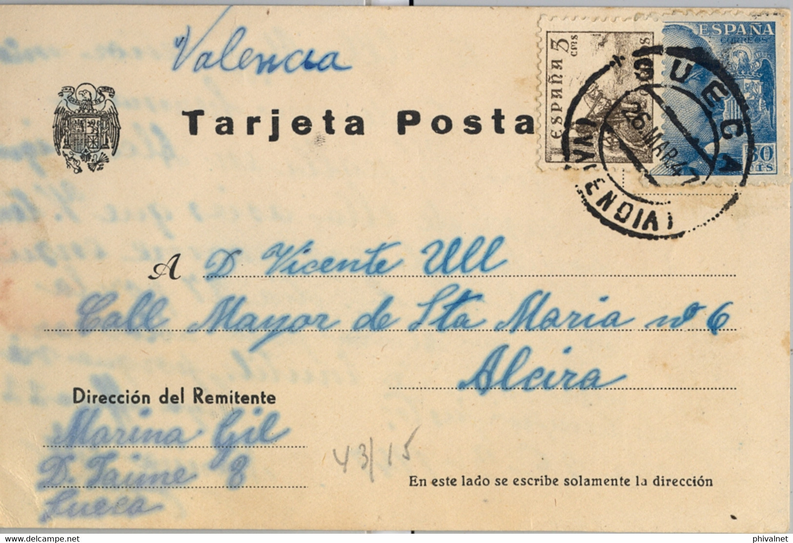 1947 , VALENCIA , TARJETA POSTAL CIRCULADA ENTRE SUECA Y ALCIRA - Brieven En Documenten