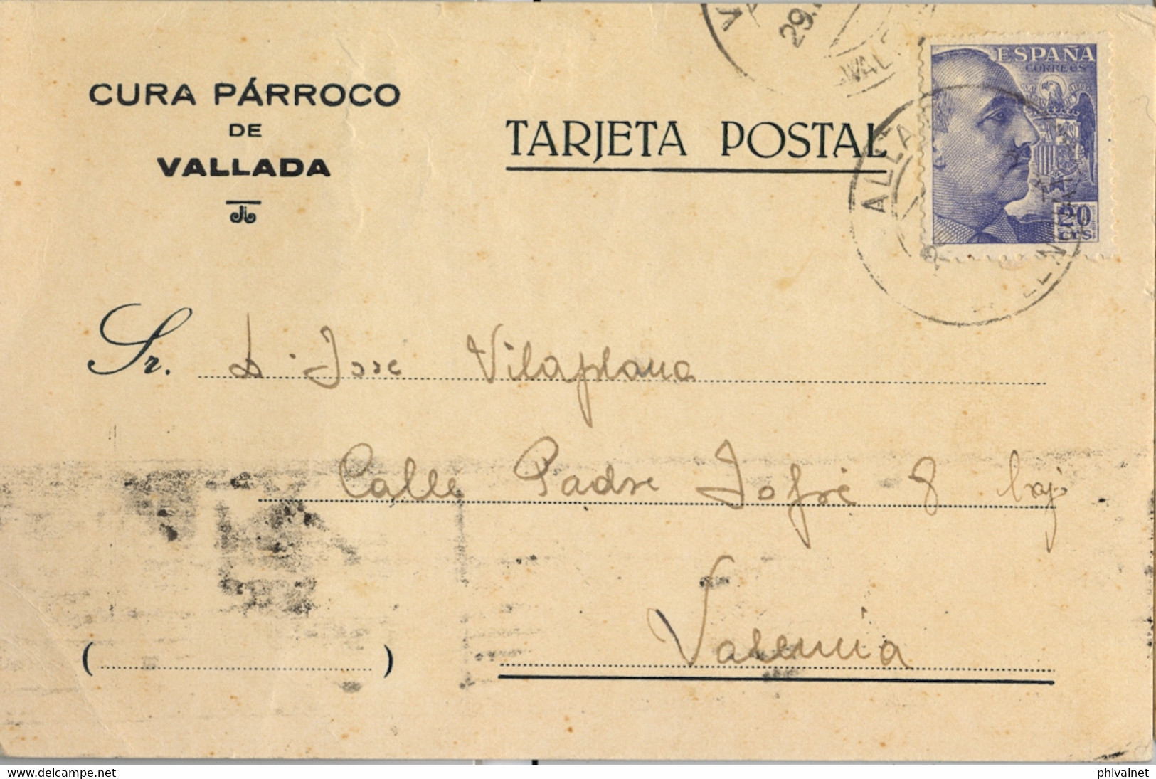 1945 , VALENCIA , TARJETA POSTAL CIRCULADA ENTRE VALLADA Y VALENCIA , LLEGADA - Lettres & Documents