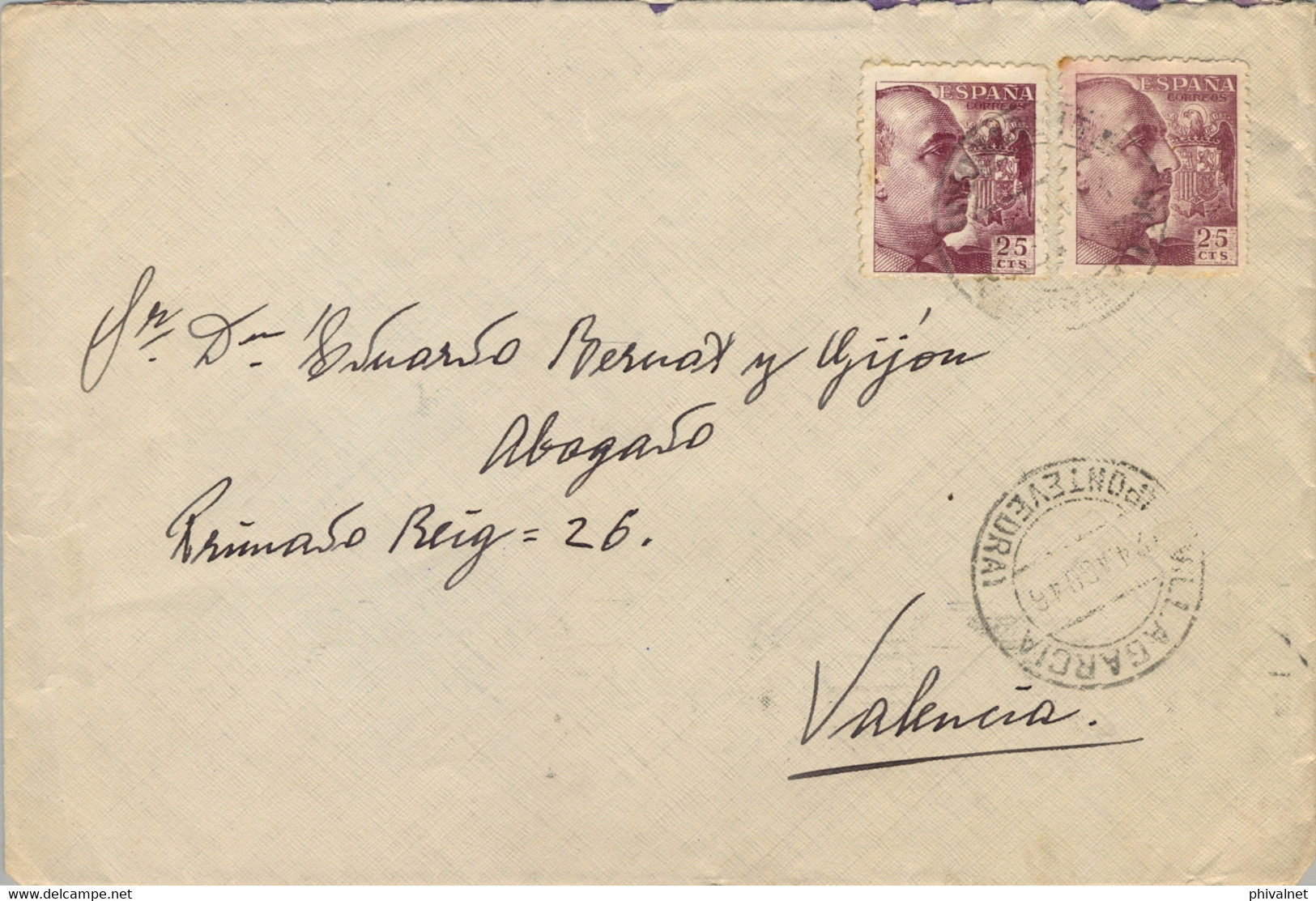 1946 , PONTEVEDRA , SOBRE CIRCULADO ENTRE VILLAGARCIA Y VALENCIA , LLEGADA - Briefe U. Dokumente