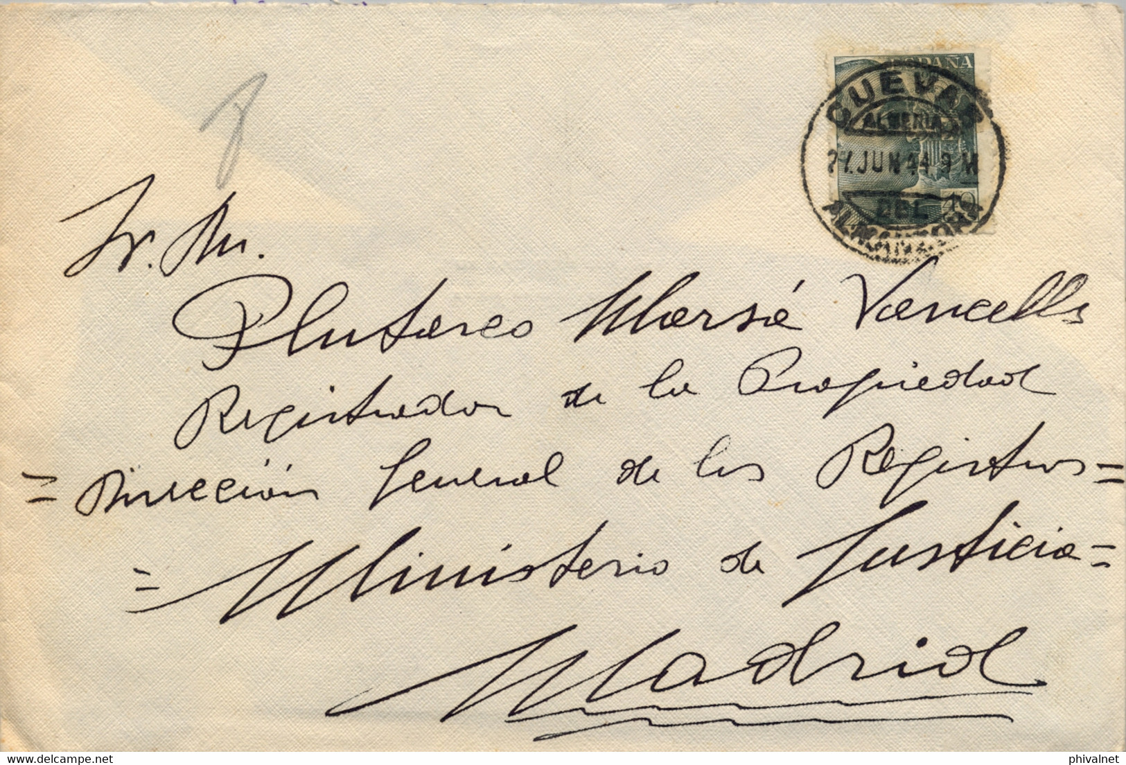 1944 , ALMERIA  , SOBRE CIRCULADO ENTRE CUEVAS DE ALMANZORA Y MADRID - Storia Postale