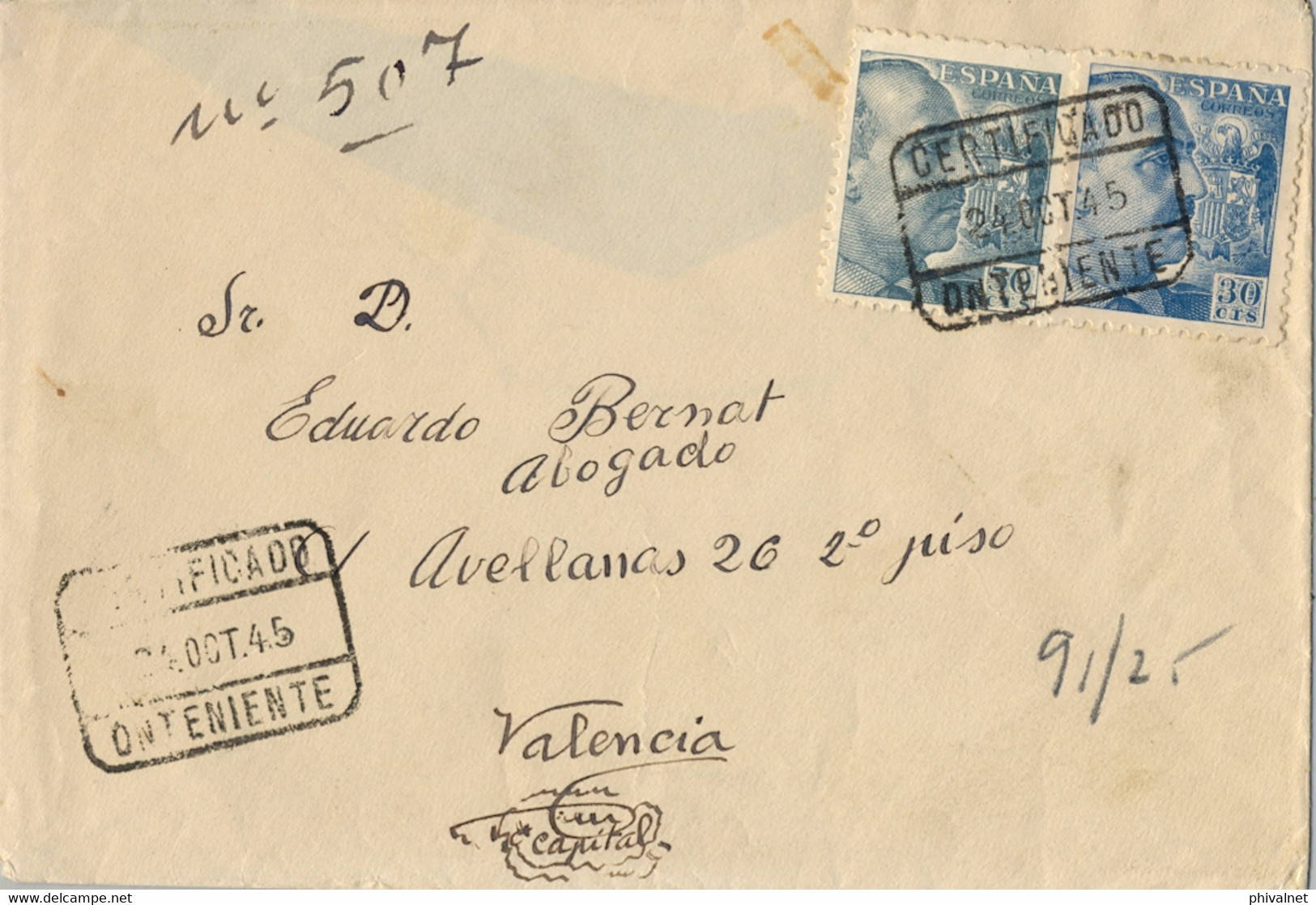 1945 , VALENCIA  , SOBRE CERTIFICADO DESDE ONTENIENTE - Lettres & Documents