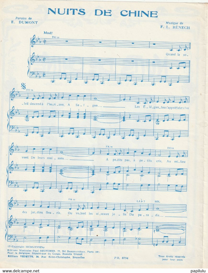 PARTITIONS MUSICALES 2 : Anny Flore , Nuits De Chine , Disques Trianon 1955  : édit. Paul Beuscher - Scores & Partitions