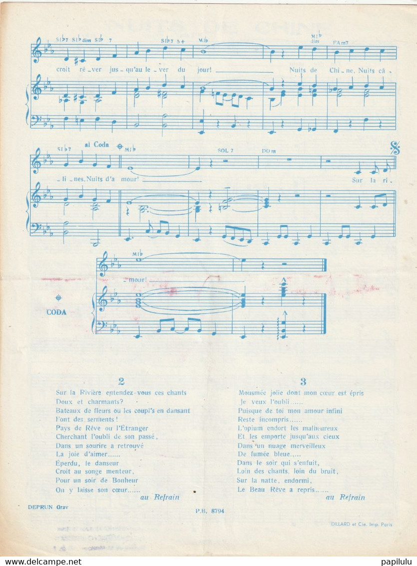 PARTITIONS MUSICALES 2 : Anny Flore , Nuits De Chine , Disques Trianon 1955  : édit. Paul Beuscher - Scores & Partitions