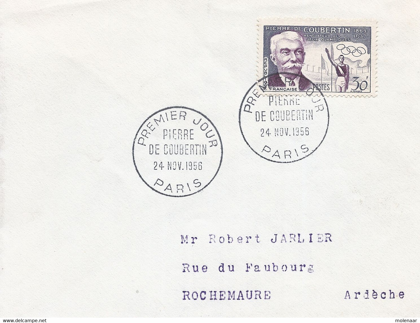 Frankrijk  Brief Uit 1956 Met 1 Postzegel "Pierre De Coubertin"  (6553) - Other & Unclassified