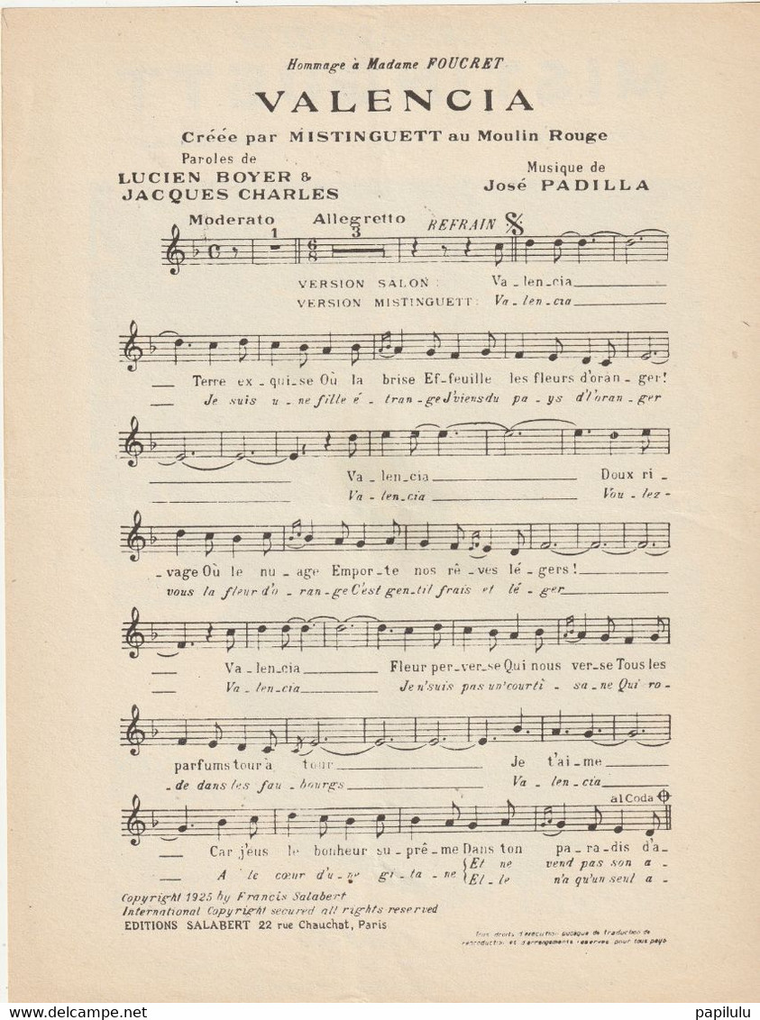 PARTITIONS MUSICALES 8 : Mistinguett Chanson D'Espagne Pour Piano Et Chant : édit. Salabert 1973 - Scores & Partitions