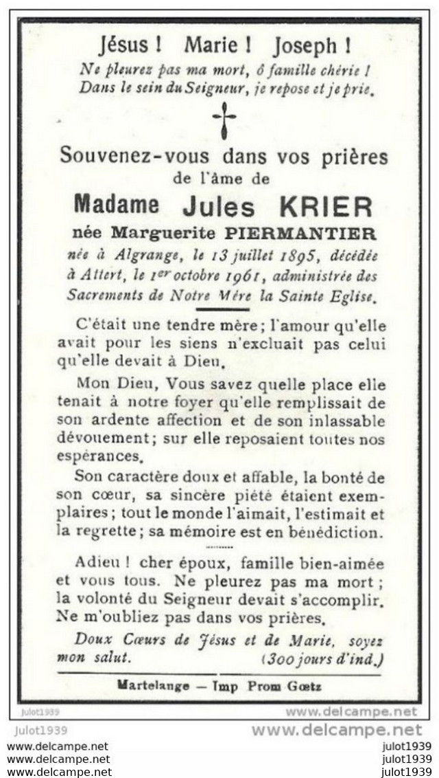 ATTERT ..- Mme Marguerite PIERMANTIER , Née à ALGRANGE En 1895 , Décédée En 1961 , épouse De Mr Jules KRIER . - Attert