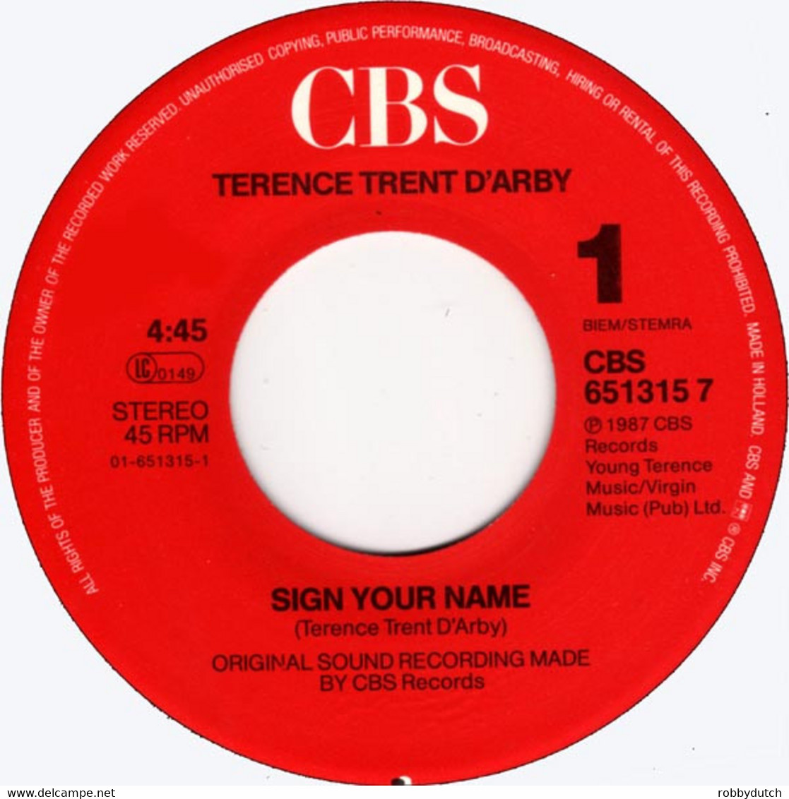 * 7" *  TERENCE TRENT D' ARBY - SIGN YOUR NAME (Europe 1987 EX!!!) - Soul - R&B