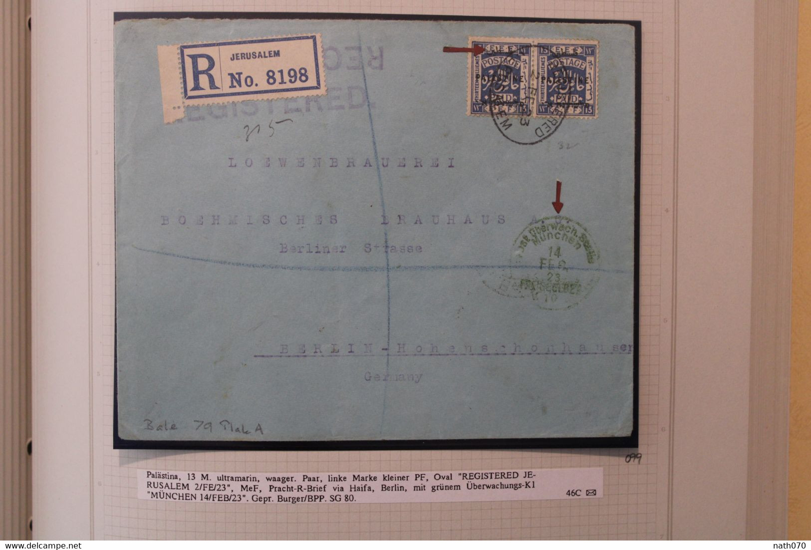 1923 EEF 13M Paire Ultramarin Authentifié Gepruft BPP Burger LEVANT Cover Palestine Palästina Israel Registered Reco R - Other & Unclassified