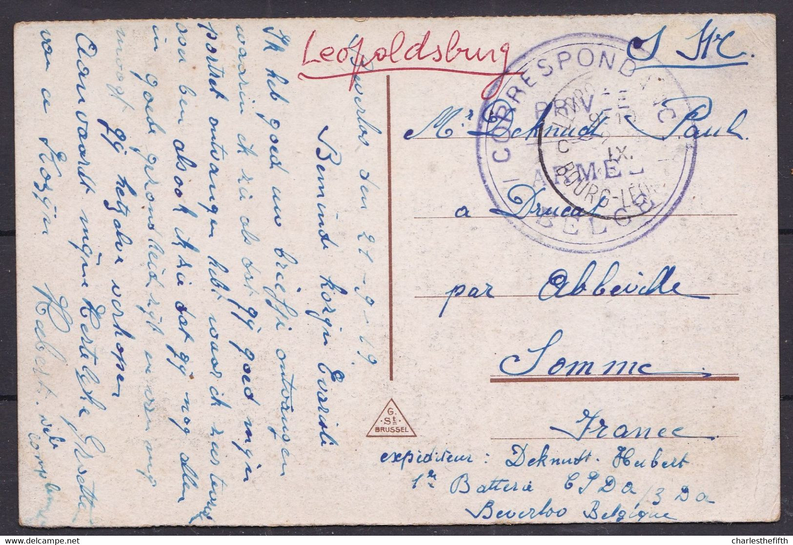 SERVICE MILITAIRE PMB CORRESPONDANCE PRIVEE ARMEE BELGE CERCLE SANS DATE DE BOURG LEOPOLD Vers ABBEVILLE FRANCE - 1 Batt - Armée Belge