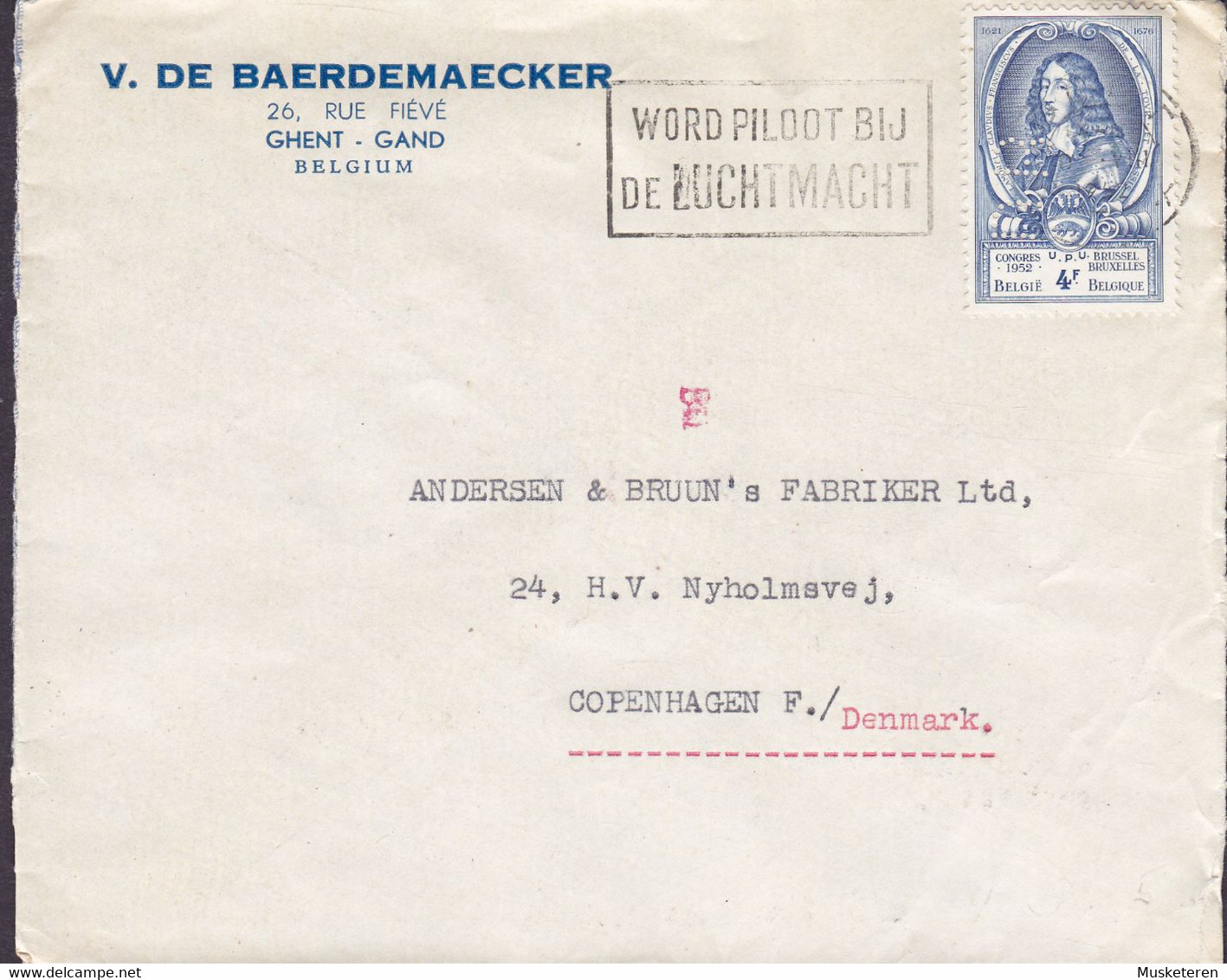 Belgium Perfin Perforé Lochung 'DB' ERROR Variety 'Half Missing' V. DE BAERDEMAECKER, GENT 1952 Cover Lettre UPU Congres - 1951-..