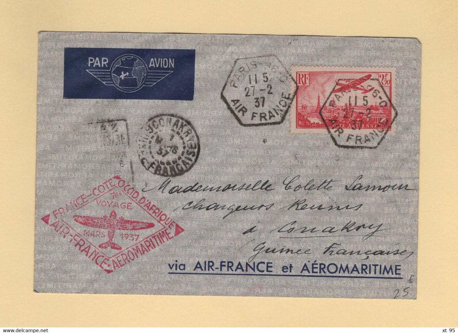 France Cote Occidentale D Afrique - Aeromaritime -  1937 - Paris Destination Conakry Guinee - Air France - 1960-.... Storia Postale