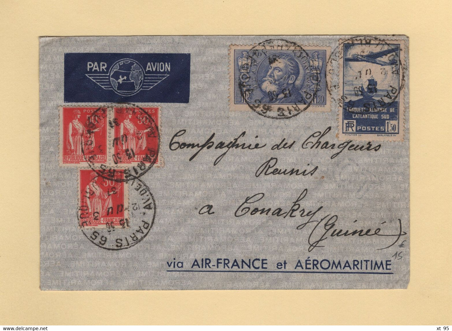 Paris Destination Conakry Guinee - 1937 - Air France - Aeromaritime - Par Avion - 1960-.... Briefe & Dokumente