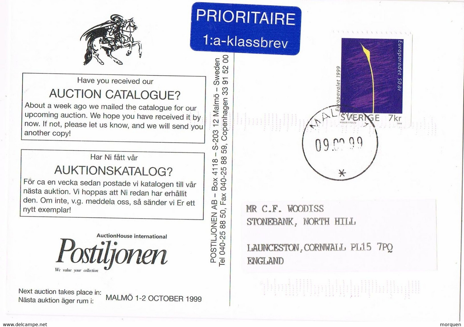 45107. Postal Privada MALMÖ (Sverige) Suecia 1999. Auction Stamps To England. Tema EUROPA - Lettres & Documents