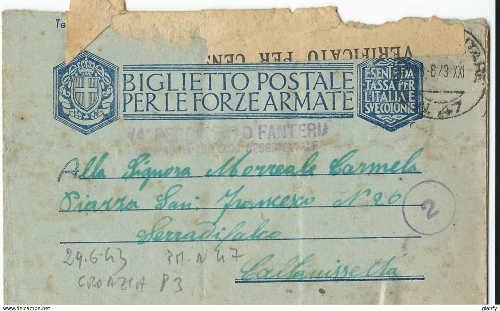 BIGLIETTO FRANCHIGIA POSTA MILITARE 47 1943 KARLOVAC CROAZIA X SERRADIFALCO - Military Mail (PM)